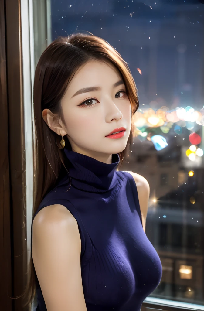 (((Violet Sleeveless Turtleneck Knitted Dress:1.2)))、(Innocent and classy girl)、(cowboy  shot:1.2)、(focus on face and breasts)、Colossal tits、(Office by the window:1.2)、(((night view at night:1.4)))、From  above、(Layered Hair Style、brown haired、Medium Long Hair)、Highly detailed facial and skin texture、A detailed eye、二重まぶた、pale cheeks、 shiny little necklace and earrings、shiny lip:1.4、fair white skin:1.2、Dark lipstick:1.2