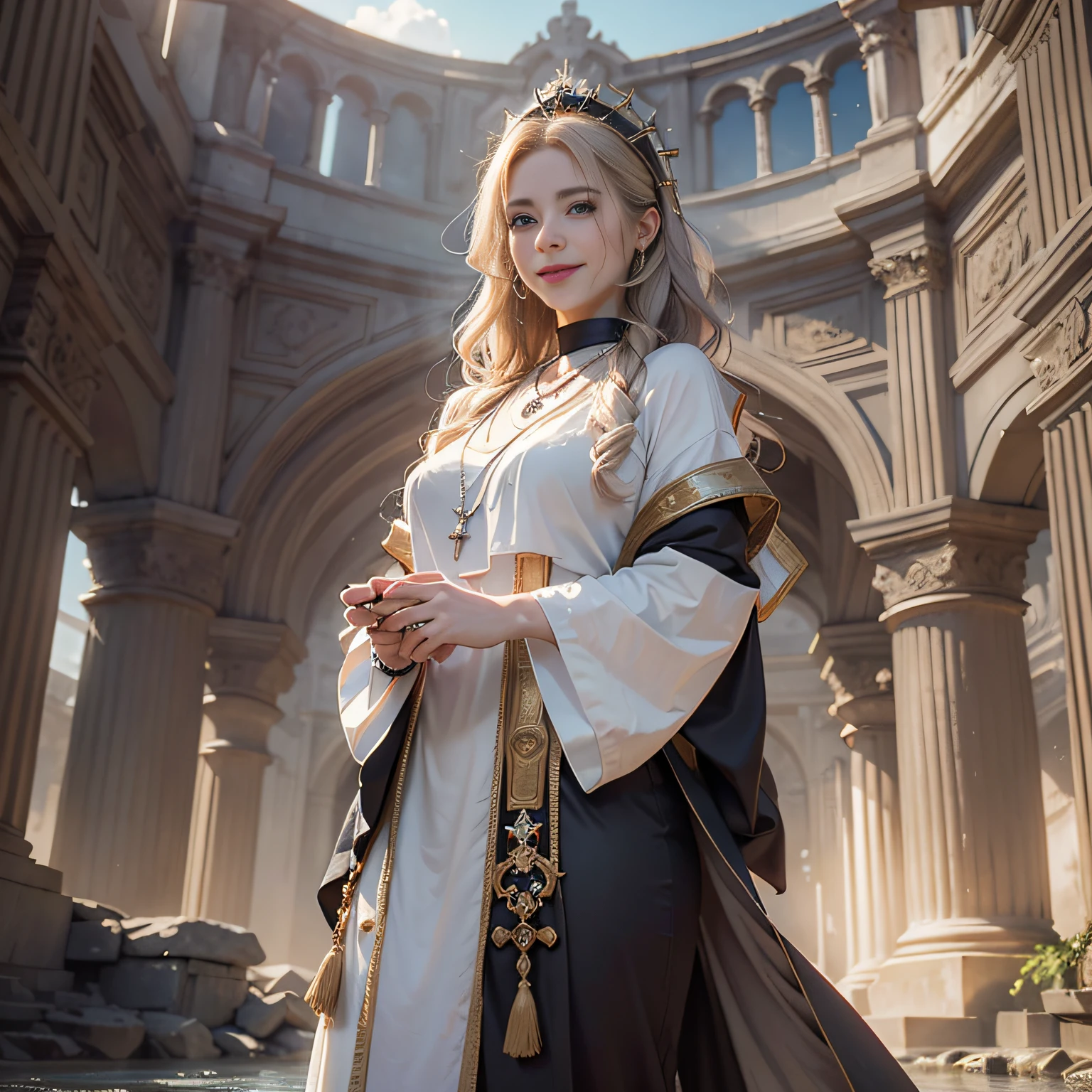 (Numerous award-winning masterpieces of, With incredible details, textures and maximum detail), (Ultra photo realsisim:1.4), (Realistic:1.3), (best quality real texture skin), ((medieval world)), finely quality eyes, finerly detailed face, (Priestess dressed in a white robe with sacred motifs), (Female priest wearing a black robe with a sacred motif), (The priestess was dressed in white robes with sacred motifs), (The priestess was dressed in black robes with sacred motifs), Gentle eyes, (She has a mischievous smile on her face:1.4), Friendly and girlish face, (Angels dancing in the background), Glass earrings on the ears, (Dramatic photo:1.6), Shining majestic cloud masses and sky, Mysterious light, halo optical phenomenon, holy rays, Twilight, Sunset, Dusk, (Divine light), (A majestic sight), (Her expression was calm and full of tenderness,Tremendously beautiful), (A noble gesture), (Golden hair, Silver hair, Maroon hair), short detailed hair, ((full-body portraits)), ((head looking up)), ((Looking down)), (full-body standing image:1.5), (Around her neck hangs a simple and sacred necklace,Superb workmanship), Large temple buildings, Old ruins infested with plants, great temple, great cathedral, great shrine, Temple ruins, detached temple, (Luminous magic circle), Ancient Castle Site, Deserted ruins, crumbling ruins, Ancient ruins with clear water, wavelets, running water, Shining majestic cloud masses and sky, halo optical phenomenon, holy rays, epic realistic, ((com cores neutras)), (hdr:1.5), (pastel colour:1.2), ultra - detailed, Cinematic, warm lights, Dramaticlight, (Intricate details:1.1), the complex background,