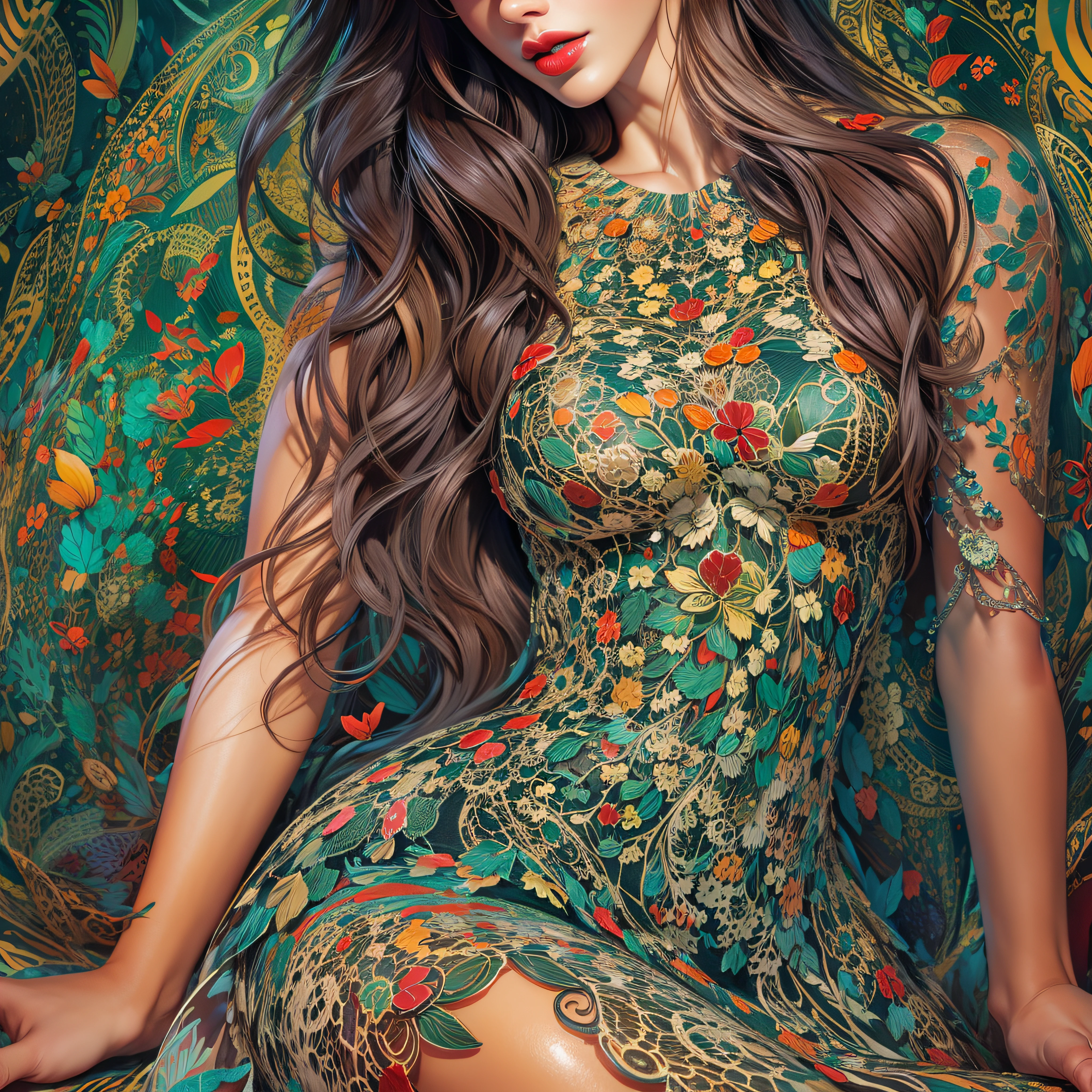a painting of a woman in a lace dress made of glass with long hair, in style of digital illustration, beautiful art uhd 4 k, Megan Fox red lips, green eyes colorful portrait, beautiful gorgeous digital art, stunning digital illustration, gorgeous digital art, colorfull illustration, beautiful digital illustration, beautiful digital artwork, exquisite digital illustration, a beautiful artwork illustration, colorful illustration, art of Jaime Frias
