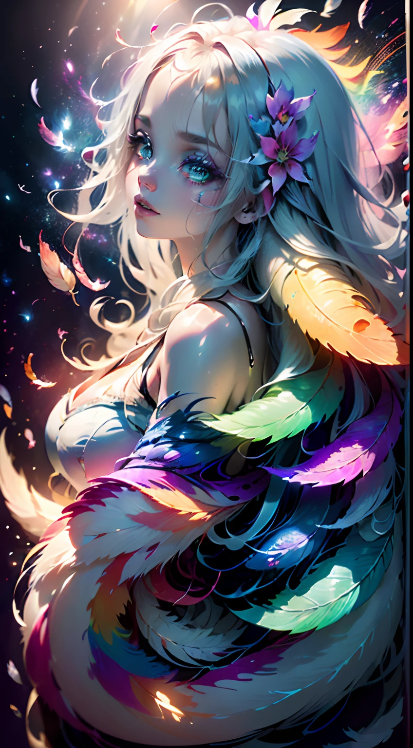 (paint effects:1.3), ((A lot of galaxies+Rainbow-colored feathers):1.3), (Mix rainbow colors), Flowing, (Melted, splashed ink) ([1 peacock:1loli:0.3]:1.2), Rainbow hair, Cute face, Upper body, Hair flowers, art-deco, (Heterochromatic:1.2), cleavage, (From side:1.2) Irridescent color(Lots of feathers:1.3)