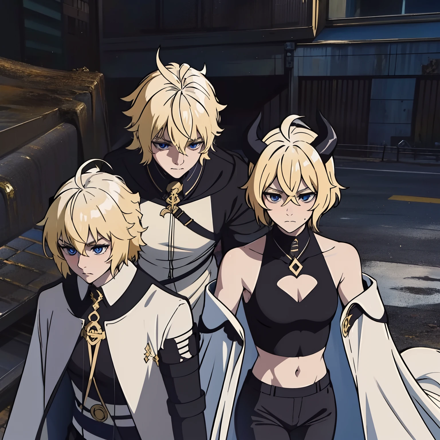 (Masterpiece), Best Quality, expressive eyes, a perfect face, 1boy, solo, one person, blond hair, blue eyes, Demon, Horns, horns demon, horns on head, Triangular horns, pointed ears, tail, long tail, cat tail, blue eyes, serious face, Emotionless face, trench coat, White trench coat, black fur on the cloak, black tank top, sleeveless T-shirt, Cut out the breasts, Small tattoo on the right arm, Black pants, top and bottom of clothes are connected, gold lines on clothes, Black Boots, short partially fingerless gloves, holding sword, Blue Sword,in destroyed world,Mikaela Hyakuya