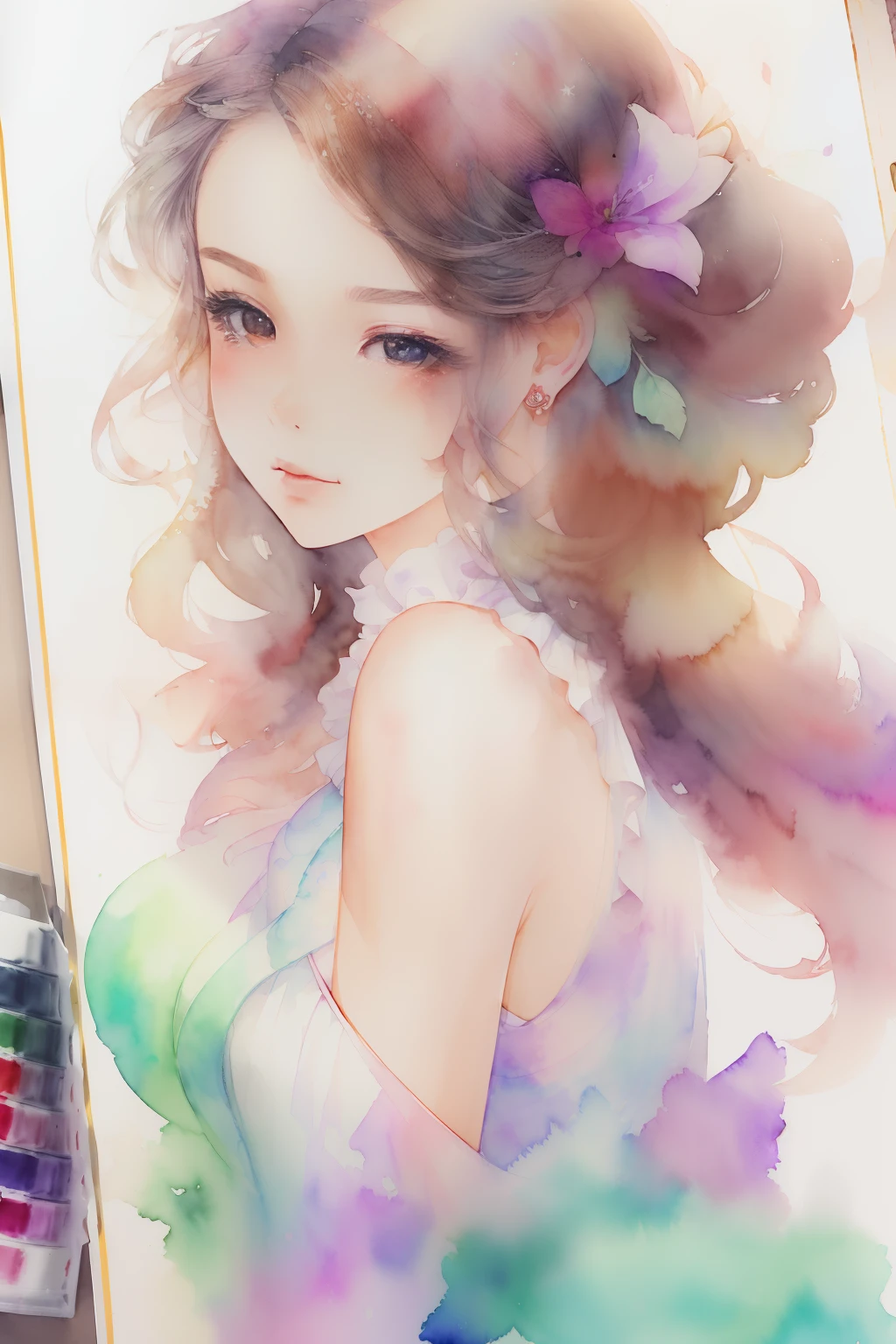 (​masterpiece)、(top-quality:1.6)、(ultra-detailliert:1.5)、Best Illustration、detaile、(watercolor paiting:1.1)、(handdraw:1.2)、(Watercolor brush hair:1.1)、 (Best Beautiful Girl:1.6)、long、Hair Ornament、