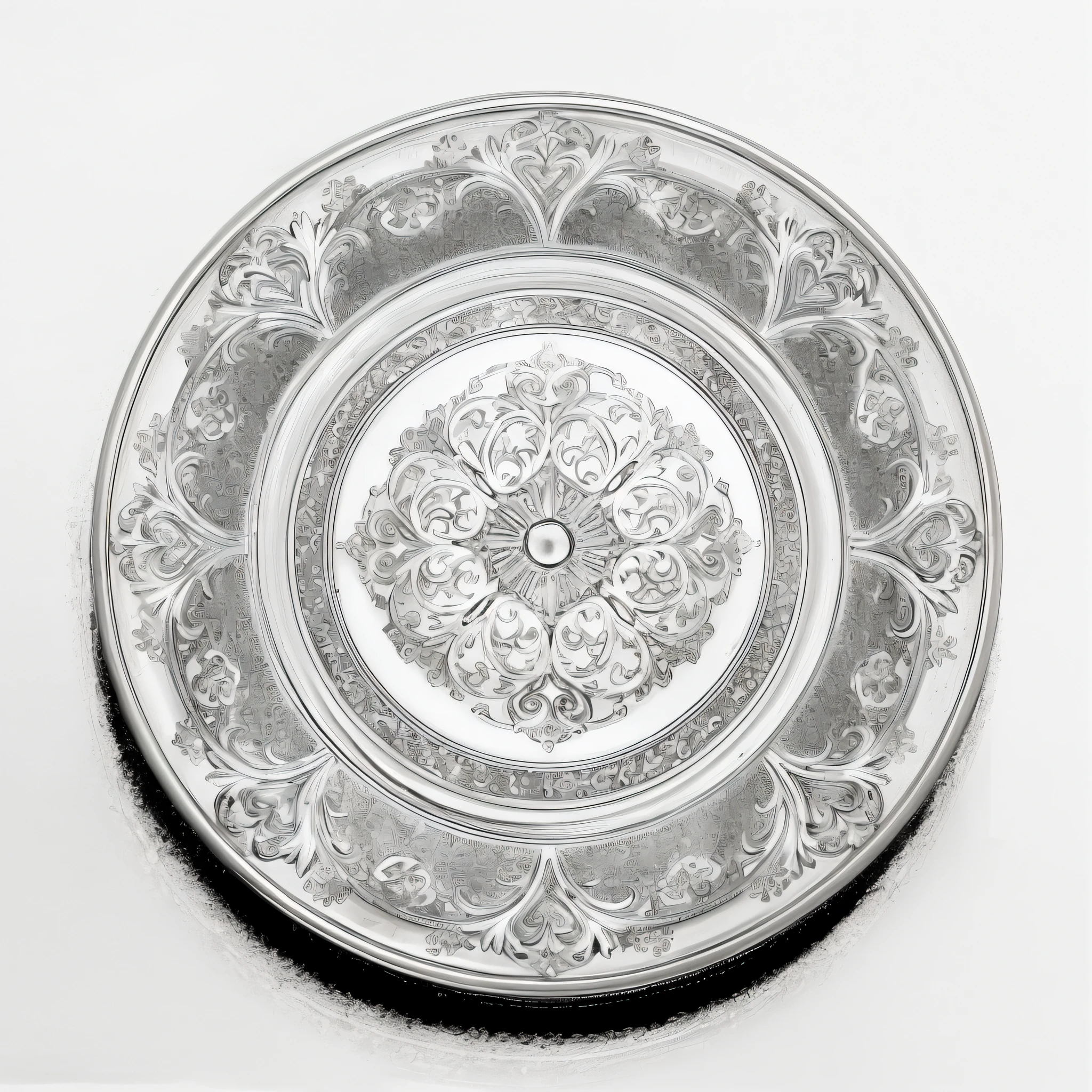 There is a silver platter，There is a pattern on it, Silver platter, intricate engraving, silver filigree, intricate filagree, Silver plate, intricate fine ornaments, intricatedesign, Intricately gorgeous, intricate carvings, intricatedesign, intricatedesign, ultraclear intricate, The decorative aesthetic is intricate, very detailed intricate intaglio, Complex filigree, Gorgeous complex， Remove the background，Don't shadow，HD lines