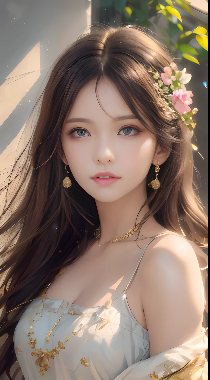 best qualtiy，tmasterpiece，A high resolution，1girll，Dingdall effect，realisticlying，edge lit，twotonelighting，（highdetailskin：1.2），8K  UHD，Pure，Sweet，Flower background，Colorful background，Based on physical rendering，Perfect light and shadow，extreme hight detail，Pink tones，Eye reflections，Raised sexy，perfect bodies，Superb beauty，largeeyes，long eyelasher，Delicate eyes，large shiny eyes，Minor pupillary reflexes，Shoulder and neck details，The pupil texture is delicate，Perfect eyes，Black pupils，best qualtiy，tmasterpiece，16k，A picture，head portrait，Bigchest，longer sleeves，Take care of your chest，Large breasts，Delicate avatar