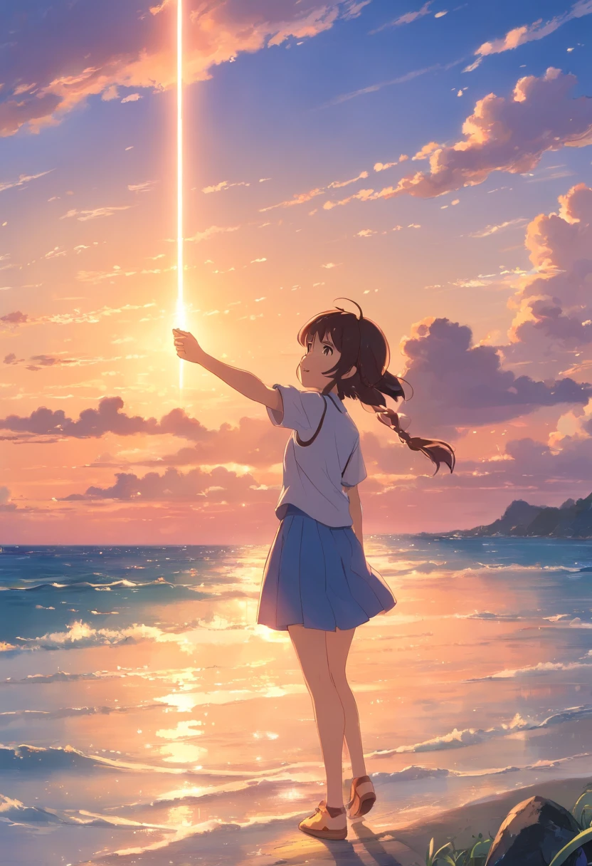 tmasterpiece，best qualtiy，cinematic Film still from，1girll，Cloud Girl，Frontal photo，Arms spread wide，ssmile，Floating in the sky，closeup cleavage，brightly，cheerfulness，Warm and soft lighting，the sunset，（spark of light：0.7）