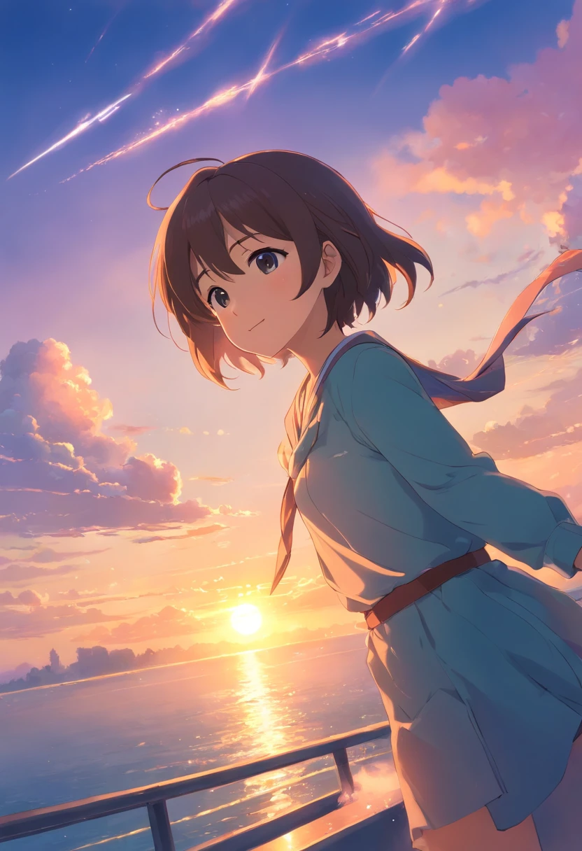 tmasterpiece,best qualtiy,cinematic Film still from,1girll,Cloud Girl,Frontal photo,Arms spread wide,ssmile,Floating in the sky,closeup cleavage,brightly,cheerfulness,Warm and soft lighting,the sunset,(spark of light:0.7)