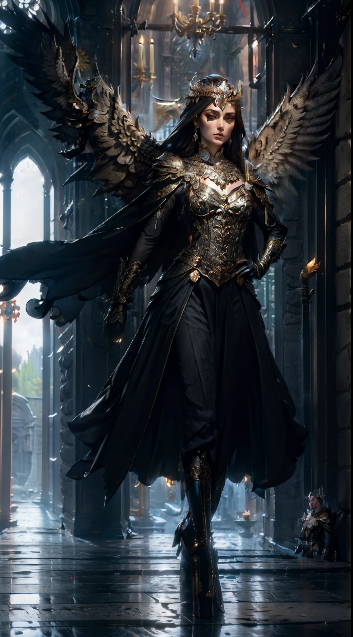 Jessica Green Gesicht, winged, Engel, ((Full-body CGInft)), Extrem detailliertes 8k-Hintergrundbild, kompliziert, detailreich, dramatisch, episch, Blondes helles Haar, the winged Albin queen wears very detailed shoulder pads made of black steel, which are modeled on the heads of dragons and are decorated with distinctive shimmering silver decorations and ornaments, a dark gray cape with velvet blue lining and a large hood, die tief in die anmutige, finsteres Gesicht, nur die Blauen Augen leuchten unter der Kapuze hervor, Es hat ein extrem detailliertes Grau/white feathered angel wings on the back, Rahmung sie schimmernd und anmutig , wahnsinnig realistischen Grafiken, wahnsinnig detaillierten Details, Ultrarealistisches und sehr detailliertes schwarzes, langes, figure-hugging royal dress, das bis zum Boden reicht, the long sleeves are decorated with shiny silver embellishments and pronounced gold embroidery and white lace on the hem and neckline of the dress, Extrem detaillierte, schwere schwarze Lederstiefel mit markanten silber schimmernden Verzierungen und Verzierungen, das Licht wird von den Verzierungen reflektiert, sie geht anmutig den Gang des Schlosses entlang, during the leisurely walk through the gloomy cathedral, Lichtkegel scheinen durch die hohen Fenster des Doms, auf ihrem Kleid, a blue rose blossom protrudes from her chest,