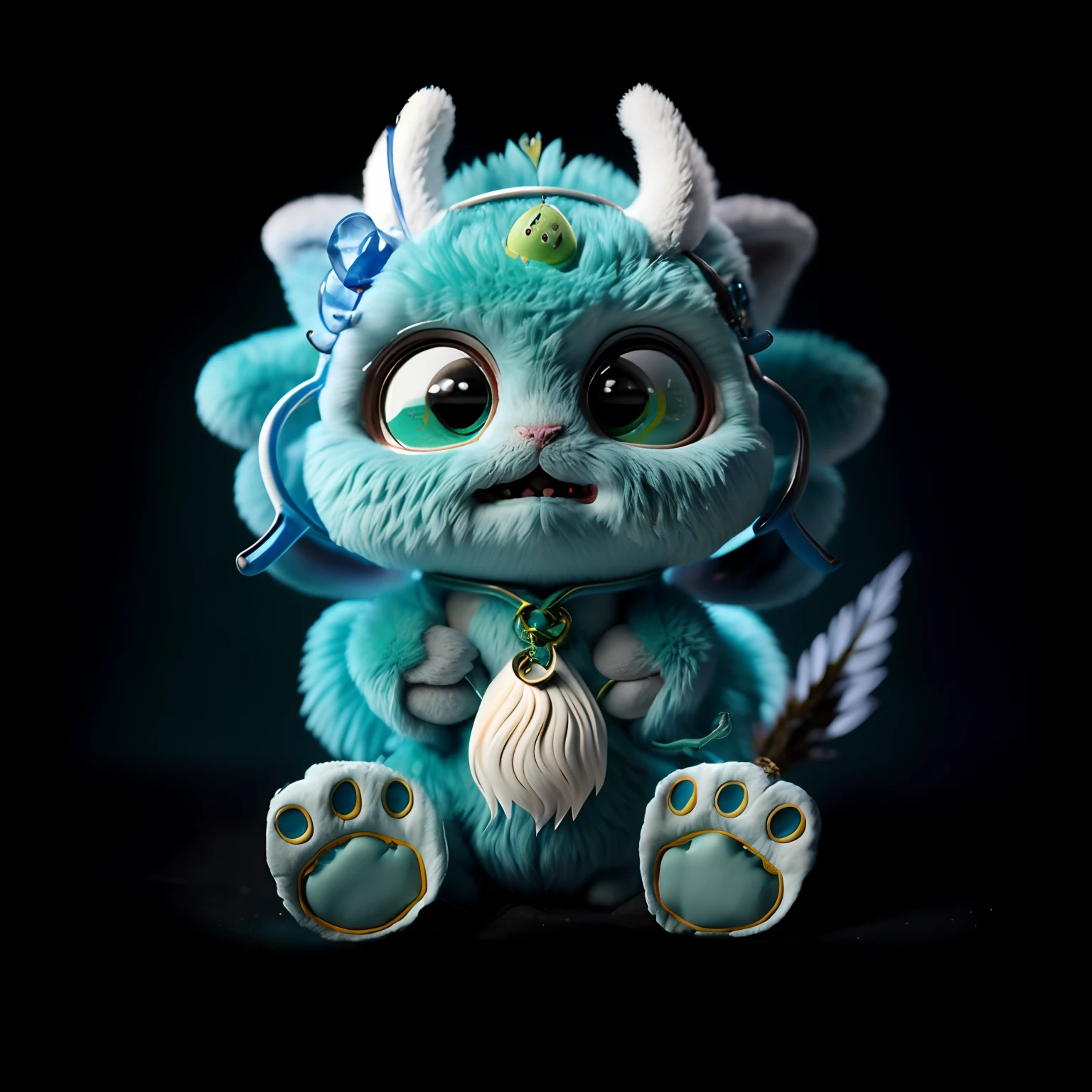 Cartoon blue monster with horns and horns sitting on the ground, cute monster character design, cute little dragon, a cute little blue dragon, adorable creature, cute monster, furry friendly monster, Cute Fumo Chibi stuffed toy Cute creatures, Portrait of a cute monster, cute forest creature, monster character design, cute toy, stuffed dragon, fluffy green belly,Do not flatten the soles of your feet