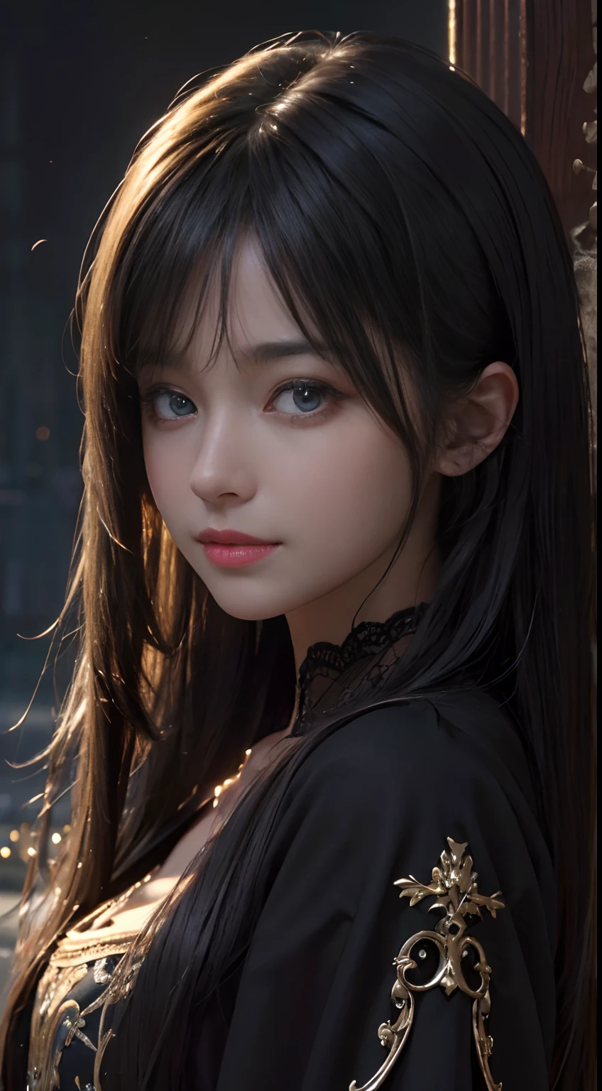 masterpiece, best quality, ultra-detailed, facing the camera head on, intricately detailed hyperdetailed, realistic, sharp features, highly detailed, sharp focus, perfect face, perfect face, perfect symmetrically perfect eyes, perfect full lips, flexible female form, cinematic, film light, hyper detailed, hyper realistic, masterpiece, atmospheric, high resolution, vibrant, dynamic studio lighting, nsfw, ((Dark background)), Sexy face, Facial expressions when receiving pleasure, straight Bangs, blue Eyes, black sweater,