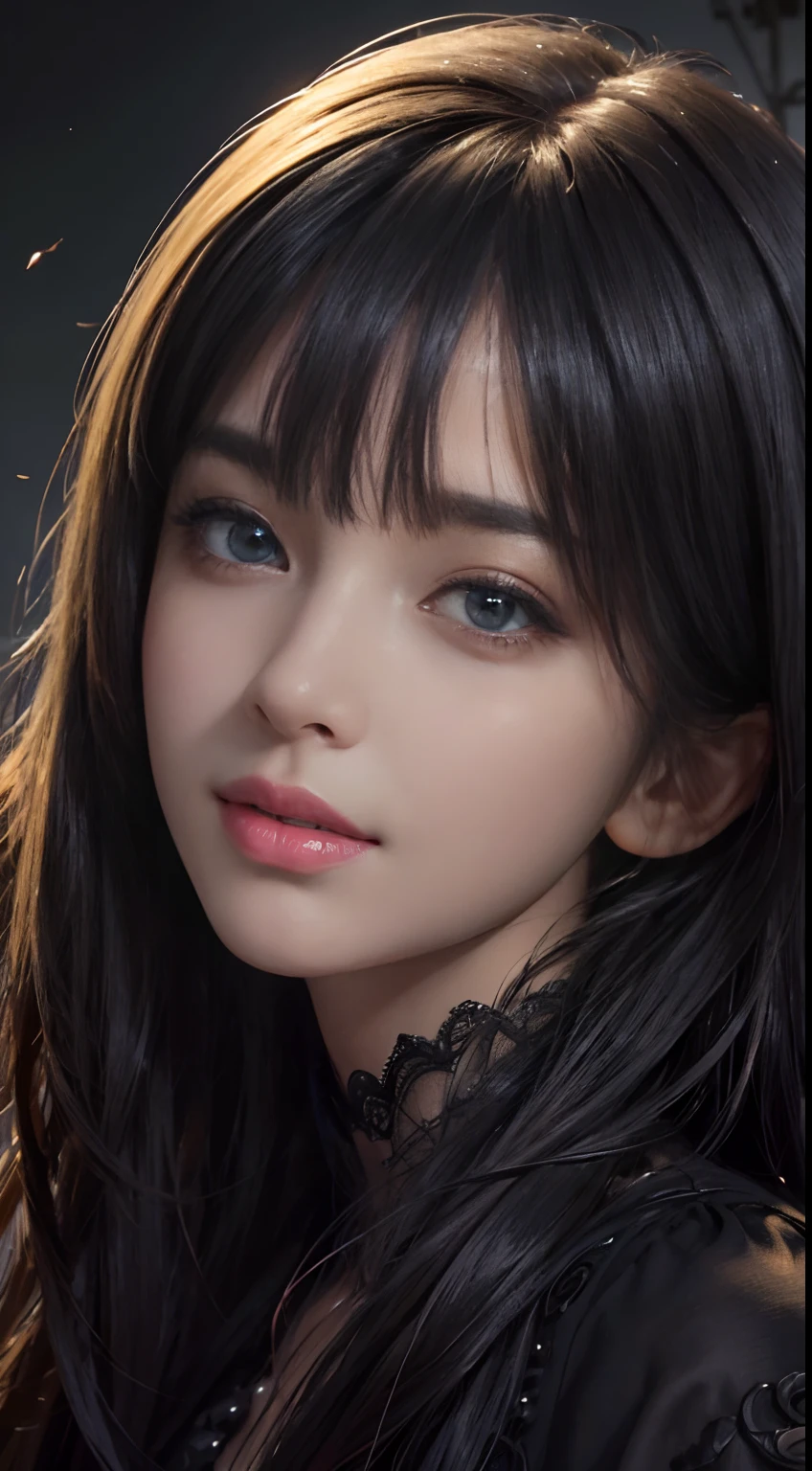 (Ultra Realistic), (Illustration), (Increased Resolution), (8K), (Extremely Detailed), (Best Illustration), (Beautiful and Detailed Eyes), (Best Quality), (Ultra Detailed), (Masterpiece ), ( wallpaper), (detailed face), solo, 1 girl, looking at viewer, fine details, detailed face, in the dark, deep shadows, low key, pureerosfaceace_v1, smiling, long hair, black shawl straight hair , 46 points oblique bangs