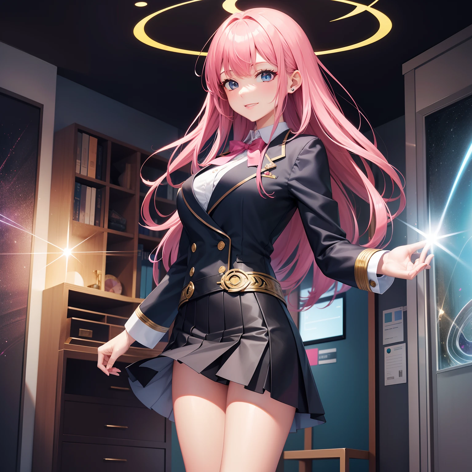 full body Esbian, masutepiece: 1.2, Highest Quality), (Live-action, elaborate details), (1 Lady, Solo, Upper body,) Clothing: Edgy, Navy Blazer, pink miniskirt, High School Uniform , Avant-garde, Experimental appearance: Long pink hair Location: School, crass room, Solo, Nice smile, spark of light, rainbows、brilliance、Value Creation in Mixed Media Art: individuality, authenticity, Creative expression