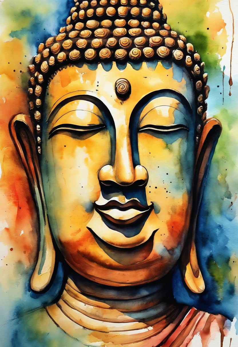 Big buddha faces ink and watercolor painting