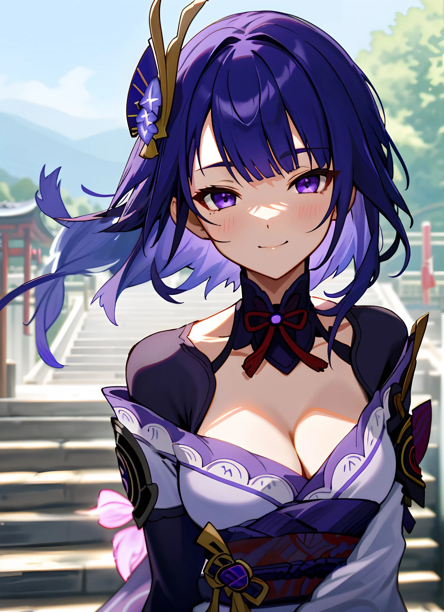 Girl, Raiden Shogun, Korean woman, shoulder exposure, shoulder smooth texture latex, coquettish smile, anime feel, evil devil, {blackening}, {teasing smile}, {teasing smile},