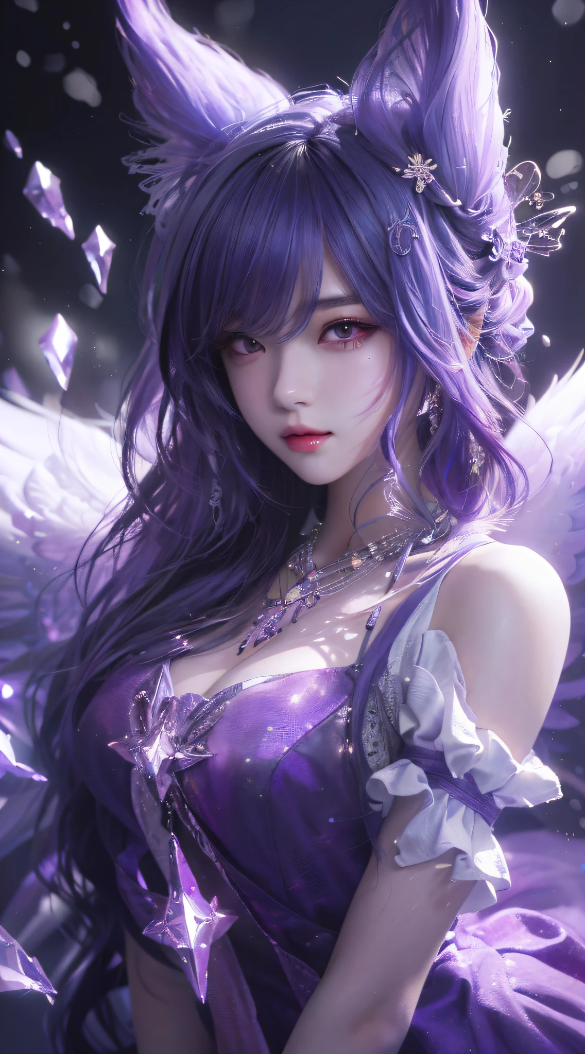 Beautiful demon girl，（best qualtiy，8K，tmasterpiece:1.3），Goose egg face，largeeyes，long eyelasher，With bangs，Cool handsome，Domineering，Exquisite（live-action realistic style），Star-like eyes，Ultimate face，Photorealistic light and shadow，Clear facial features，Milky white skin，Fair skin， highdetailskin， Realistic skin details， Visible Pore，（Super detail），Petite body，Carmelto， full bodyesbian，She wears long loose black hair and reaches her waist，（hair flowing）， Smoothness，Huge wings，Crystal wings，（Super detail），Cloaked in simple armor，（（dynamicposes）Suspended in the air），（（Two ice planet backgrounds，Binary orbital flight，space，Sea of Stars）），((Dynamic background((Purple lightning)) ，Dramatic scenes