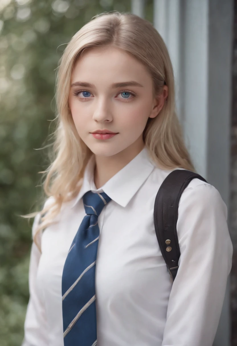 1 girl, hyperrealistic, school girl, uniform,20 years old, very beatifull,School uniform ,blue eyes, blonde hair, backround flue, 8k, touching legs, teen,upper body