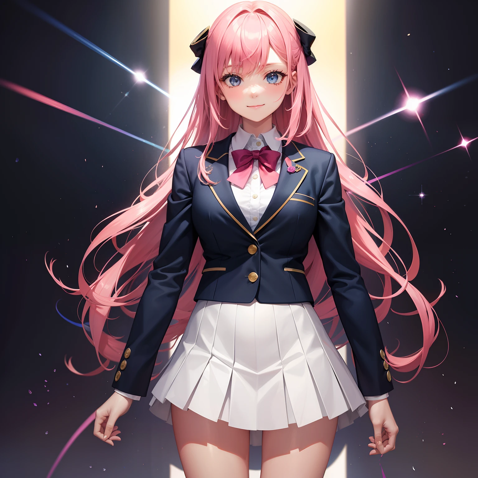 full body Esbian, masutepiece: 1.2, Highest Quality), (Live-action, elaborate details), (1 Lady, Solo, Upper body,) Clothing: Edgy, Navy Blazer, pink miniskirt, High School Uniform , Avant-garde, Experimental appearance: Long pink hair Location: School, crass room, Solo, Nice smile, spark of light, rainbows、brilliance、Value Creation in Mixed Media Art: individuality, authenticity, Creative expression