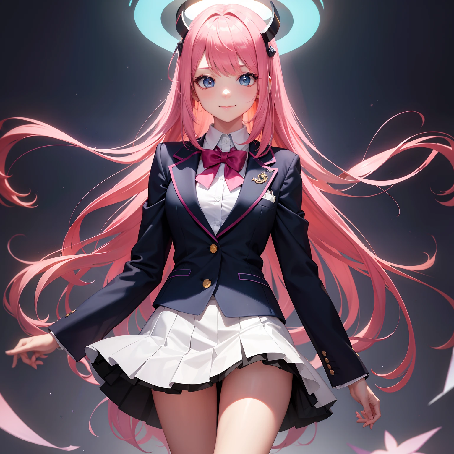 full body Esbian, masutepiece: 1.2, Highest Quality), (Live-action, elaborate details), (1 Lady, Solo, Upper body,) Clothing: Edgy, Navy Blazer, pink miniskirt, High School Uniform , Avant-garde, Experimental appearance: Long pink hair Location: School, crass room, Solo, Nice smile, spark of light, rainbows、brilliance、Value Creation in Mixed Media Art: individuality, authenticity, Creative expression
