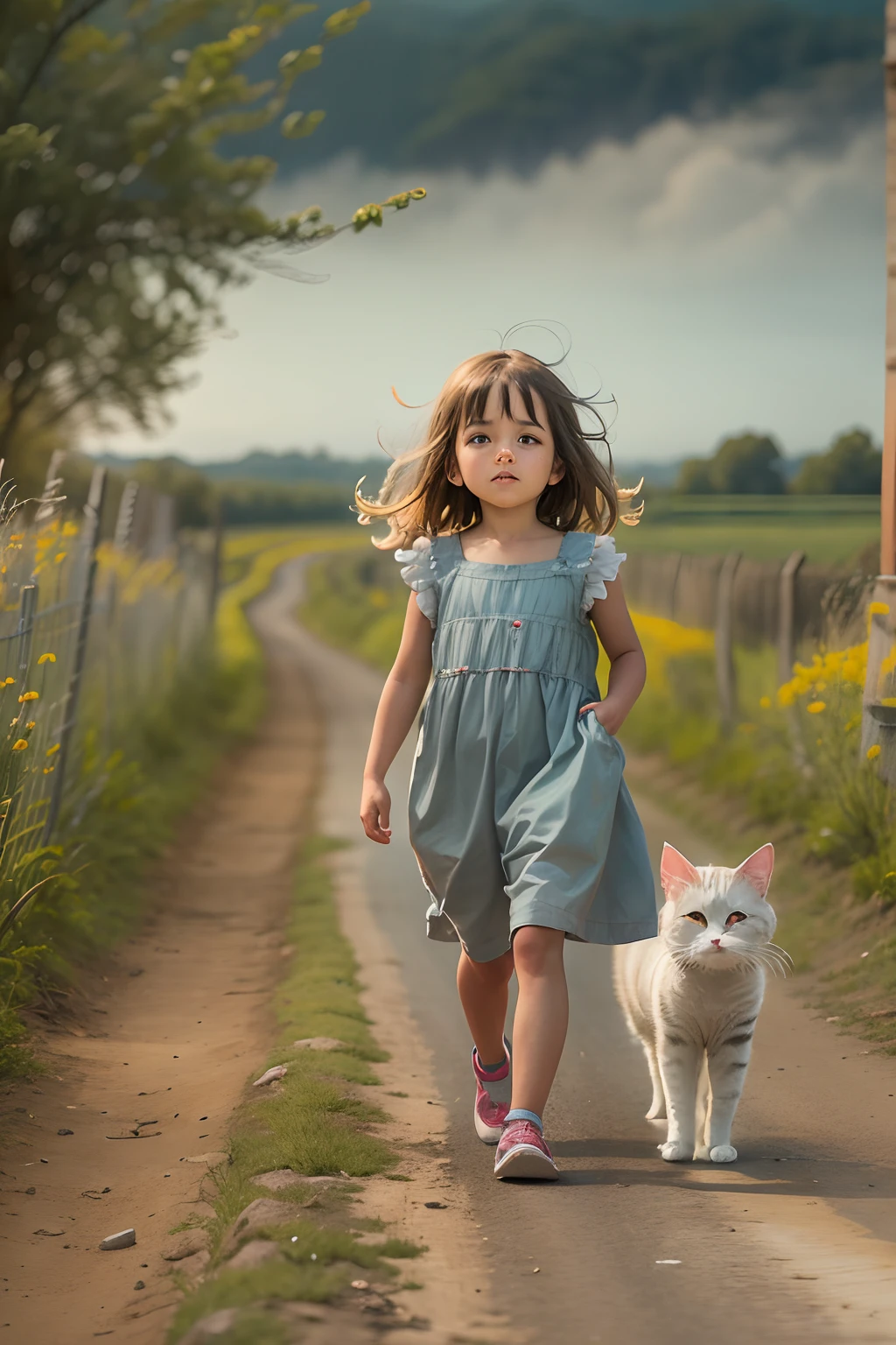 The  faces the camera, A cat follows,country road.