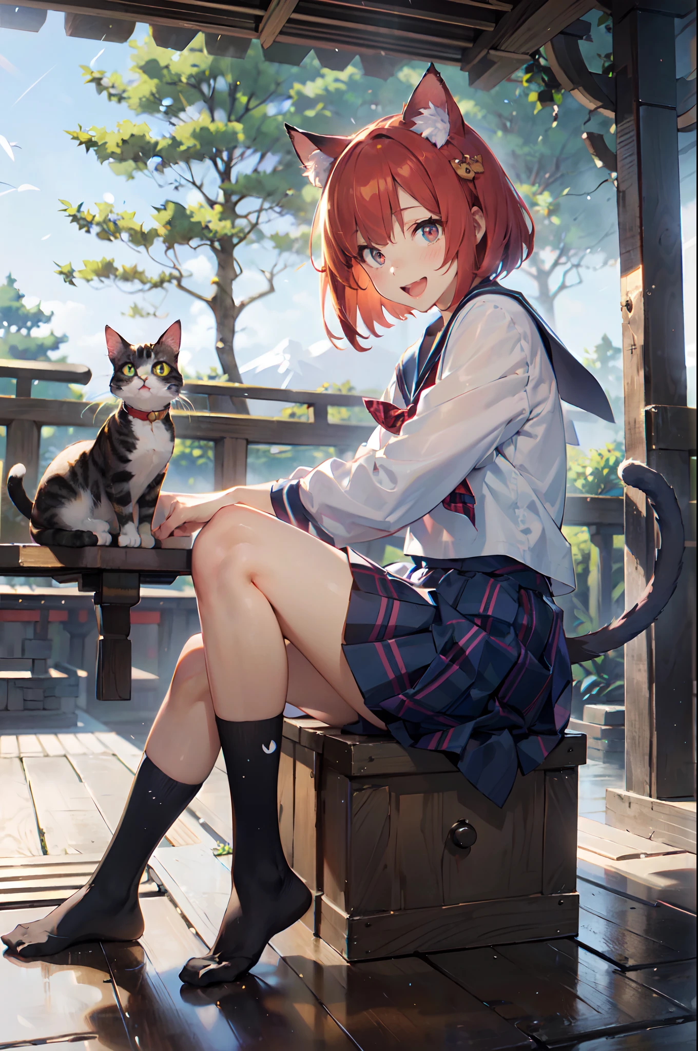 masutepiece, Best Quality, Detailed beautiful face and eyes, Full body, The best illustrations, PastelColors, (jpn、Shrine 1.4), Red torii gate, beauitful face, blurry backround, 10 year old beautiful girl, shinny skin, (1The tail of a cat in a book grows:1.3), Sharp pupils, Realistic pupils, Glowing red hair, bob cuts, Eyes are yellow, Cat's ears, Floral hair ornament, Opens mouth and laughs, Happy expression on face、Curve, (a sailor suit、Plaid skirt、knee sox:1.2), facing front、PAW Pose