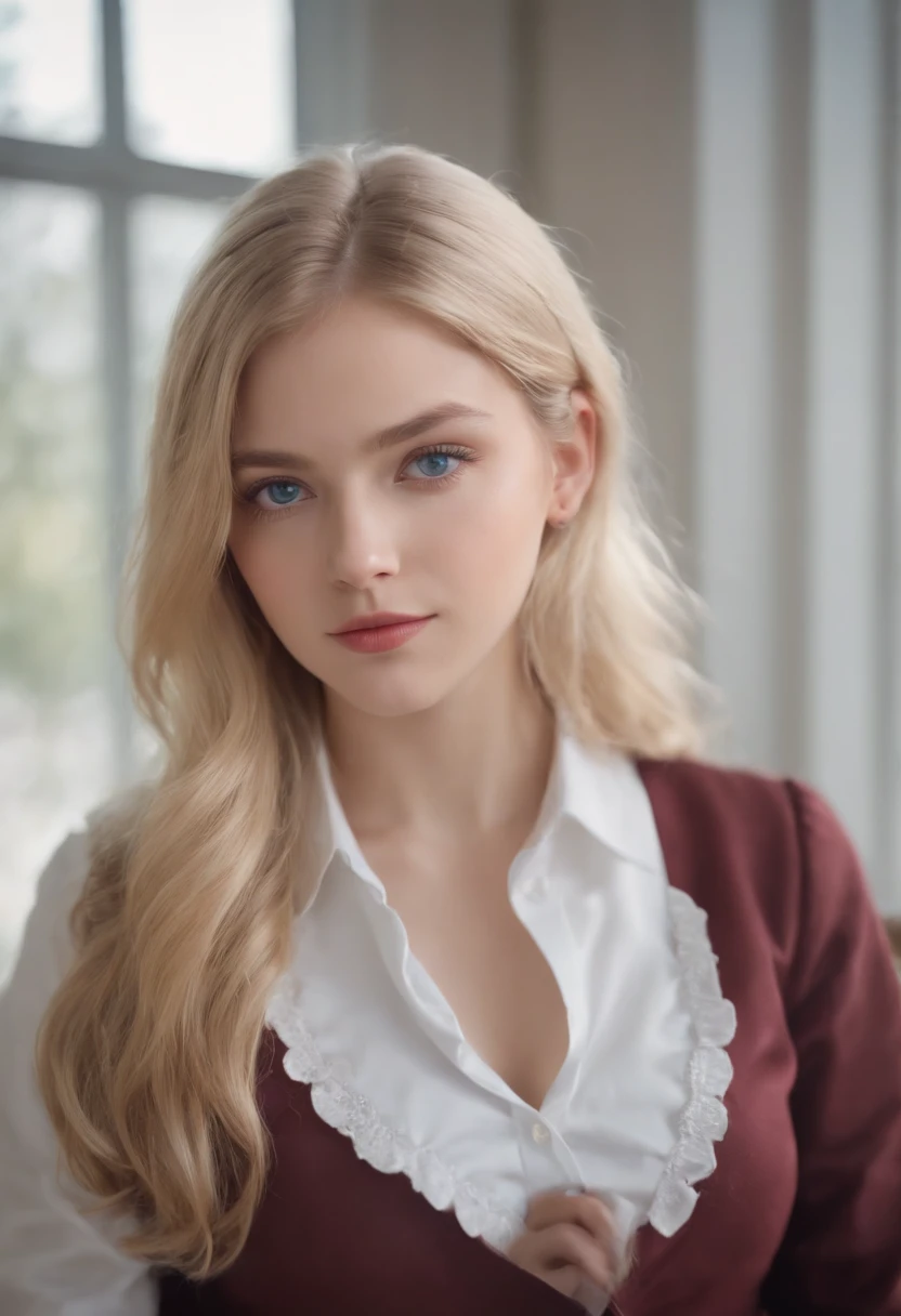 1 girl, hyperrealistic, school girl, uniform,20 years old, very beatifull,School uniform blue eyes, blonde hair, open legs,on desk, backround flue, 8k, touching legs, ,cowboy shot
