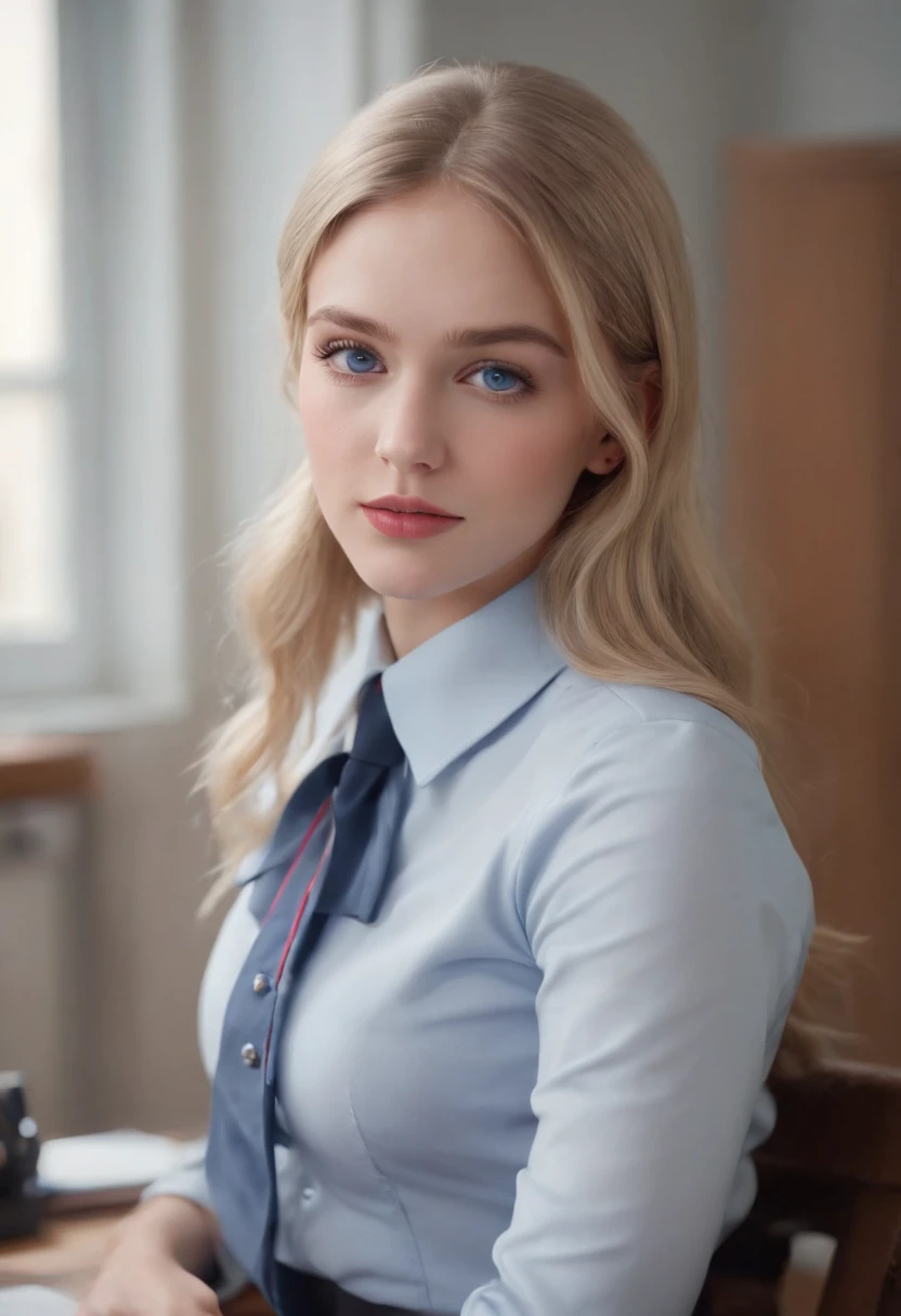 1 girl, hyperrealistic, school girl, uniform,20 years old, very beatifull,School uniform blue eyes, blonde hair, open legs,on desk, backround flue, 8k, touching legs, teen,cowboy shot