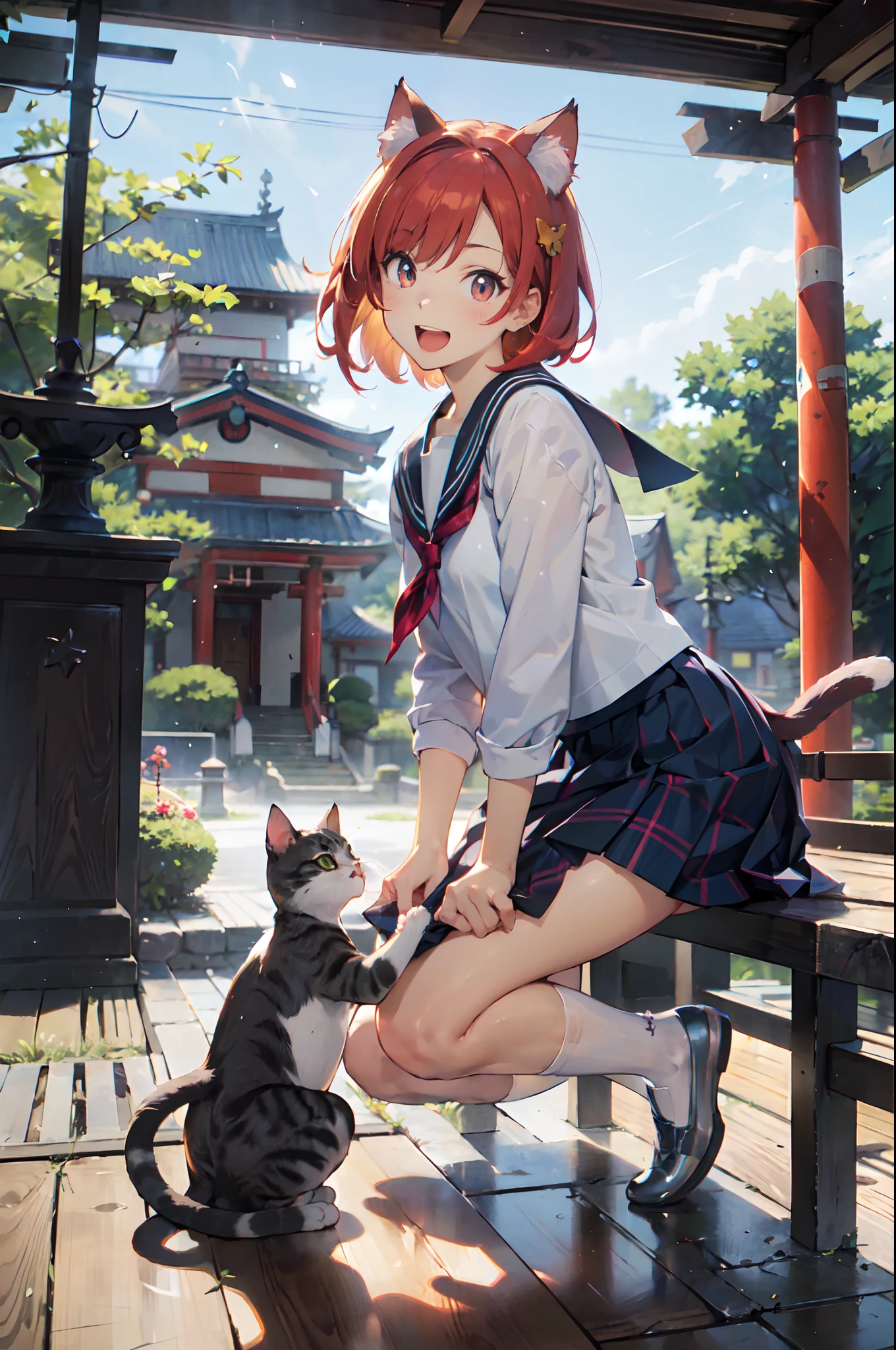 masutepiece, Best Quality, Detailed beautiful face and eyes, Full body, The best illustrations, PastelColors, (jpn、Shrine 1.4), Red torii gate, beauitful face, blurry backround, 10 year old beautiful girl, shinny skin, (１The tail of a cat in a book grows:1.3), Sharp pupils, Realistic pupils, Glowing red hair, bob cuts, Eyes are yellow, Cat's ears, Floral hair ornament, Opens mouth and laughs, Happy expression on face、Curve, (a sailor suit、Plaid skirt、knee sox:1.2), facing front、PAW Pose