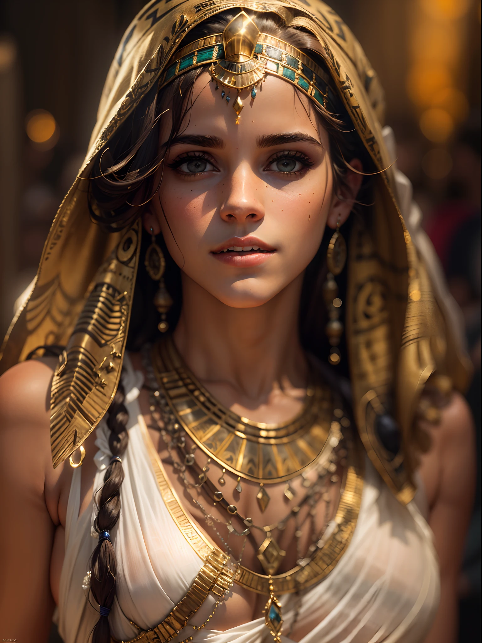 a beautiful emma watson as an Egyptian godess, sexy quente, perfeito, Cabelos lisos, long to feet and loose, pele dourada sedosa (Oily lighting) fleshy lips, Egyptian headscarf, jewelry and bracelets (fotorrealista:Fotorealista, 8k Obra-prima), with a gold and white plunging Egyptian garment, tela preta ((fundo preto)), (hiper realista:realista detalhes intrincados), sorrindo: sensual features, (Texture and environment well detailed pure perfect lighting).