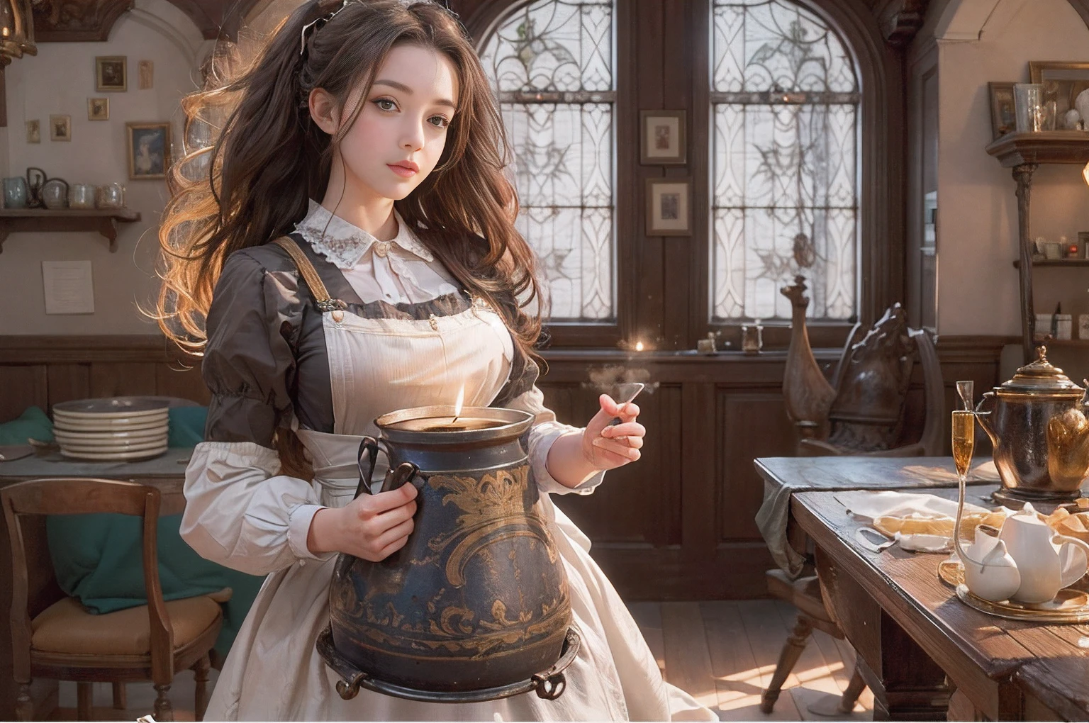 ((best Quality: 1.4)), (Unparalleled Masterpiece), (Ultra High Definition) , (Ultra Realistic 8k CG),(half body image ),(ultra detailed),(maid ),(art by Jean Baptiste Monge), highly detailed maid clothes, half_apron ,stunningly beautiful , highly detailed beautiful hair , highly detailed hairstyle, cinematic, happy ,in old western house, candle lighting, Use a backlighting effect to add depth to the image, Anisotropic Filtering, Depth of Field, Maximum clarity and sharpness, ,8 life size , thicc body:0.8 ,perfect anatomy , symmetrical and balanced, beautiful gradient , sharp focus, golden ratio, Centered image, Beautiful Composition,