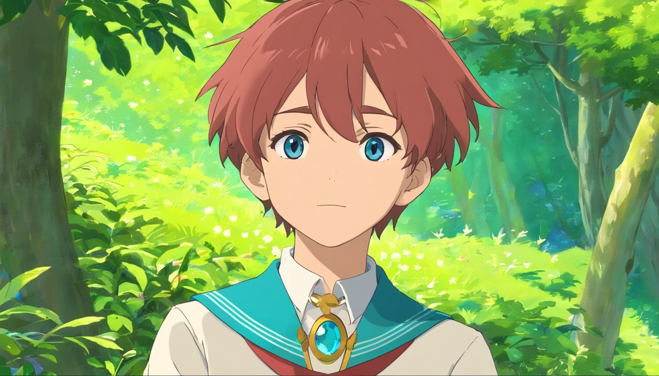 'a boy wearing an anime collar, a long necklace and earrings, in the style of tranquil gardenscapes, colorful animation stills, masami teraoka, aquamarine, paul gauguin, Embry style, honest portrayal, character design sheet, different poses, different angles'