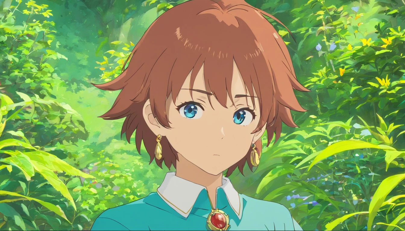'a boy wearing an anime collar, a long necklace and earrings, in the style of tranquil gardenscapes, colorful animation stills, masami teraoka, aquamarine, paul gauguin, Embry style, honest portrayal, character design sheet, different poses, different angles'
