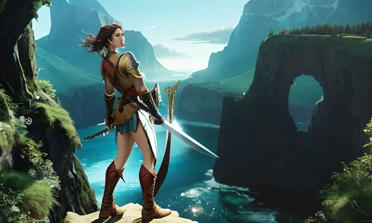 The woman, standing on top of a cliff with a sword