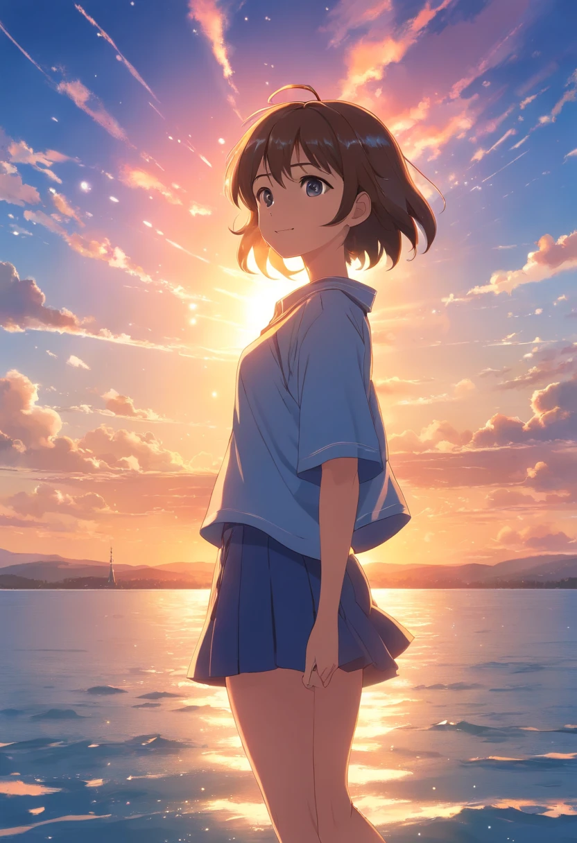 tmasterpiece,best qualtiy,cinematic Film still from,1girll,Cloud Girl,Frontal photo,Arms spread wide,ssmile,Floating in the sky,closeup cleavage,brightly,cheerfulness,Warm and soft lighting,the sunset,(spark of light:0.7)
