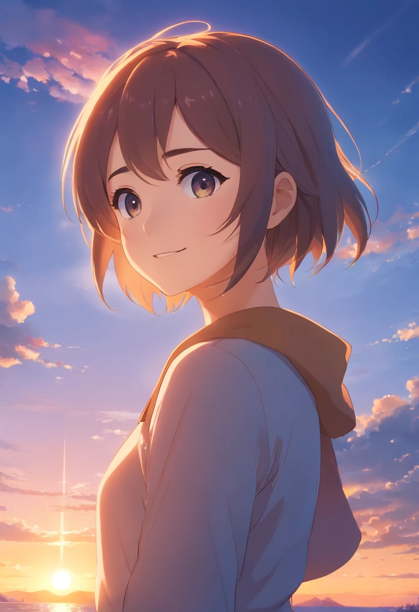 tmasterpiece,best qualtiy,cinematic Film still from,1girll,Cloud Girl,Frontal photo,Arms spread wide,ssmile,Floating in the sky,closeup cleavage,brightly,cheerfulness,Warm and soft lighting,the sunset,(spark of light:0.7)