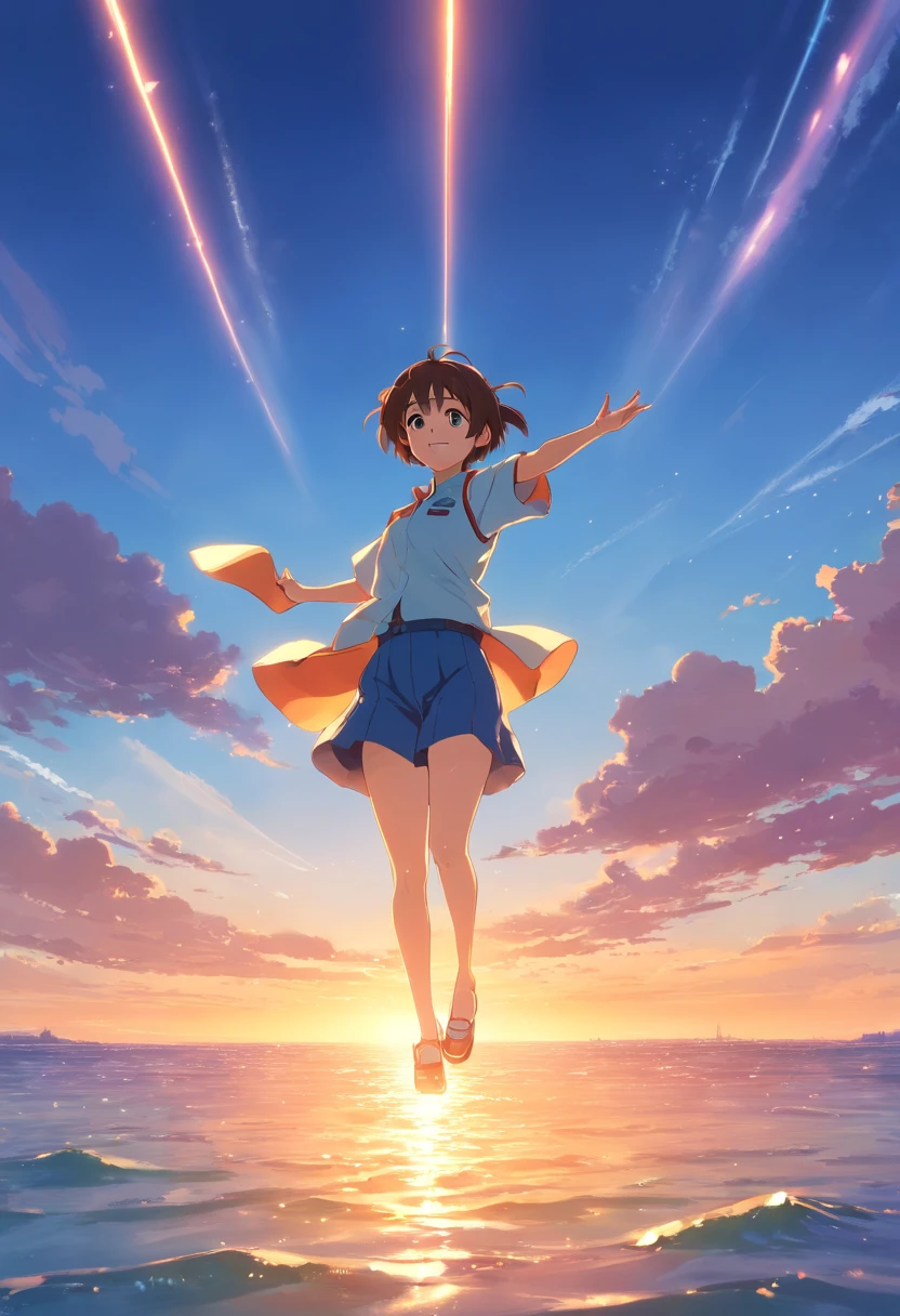 tmasterpiece,best qualtiy,cinematic Film still from,1girll,Cloud Girl,Frontal photo,Arms spread wide,ssmile,Floating in the sky,closeup cleavage,brightly,cheerfulness,Warm and soft lighting,the sunset,(spark of light:0.7)