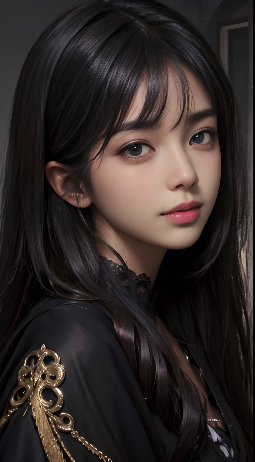 (Ultra Realistic), (Illustration), (Increased Resolution), (8K), (Extremely Detailed), (Best Illustration), (Beautiful and Detailed Eyes), (Best Quality), (Ultra Detailed), (Masterpiece ), ( wallpaper), (detailed face), solo, 1 girl, looking at viewer, fine details, detailed face, in the dark, deep shadows, low key, pureerosfaceace_v1, smiling, long hair, black shawl straight hair , 46 points oblique bangs