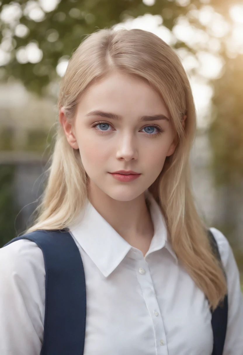 1 girl, hyperrealistic, school girl, uniform,20 years old, very beatifull,School uniform ,blue eyes, blonde hair, backround flue, 8k, touching legs,  ,upper body