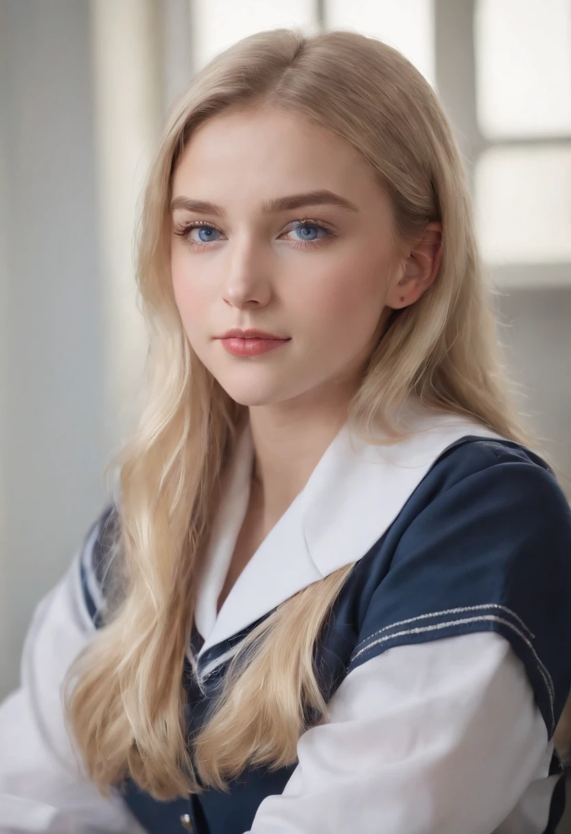 1 girl, hyperrealistic, school girl, uniform,20 years old, very beatifull,School uniform ,blue eyes, blonde hair, backround flue, 8k, touching legs, teen,upper body
