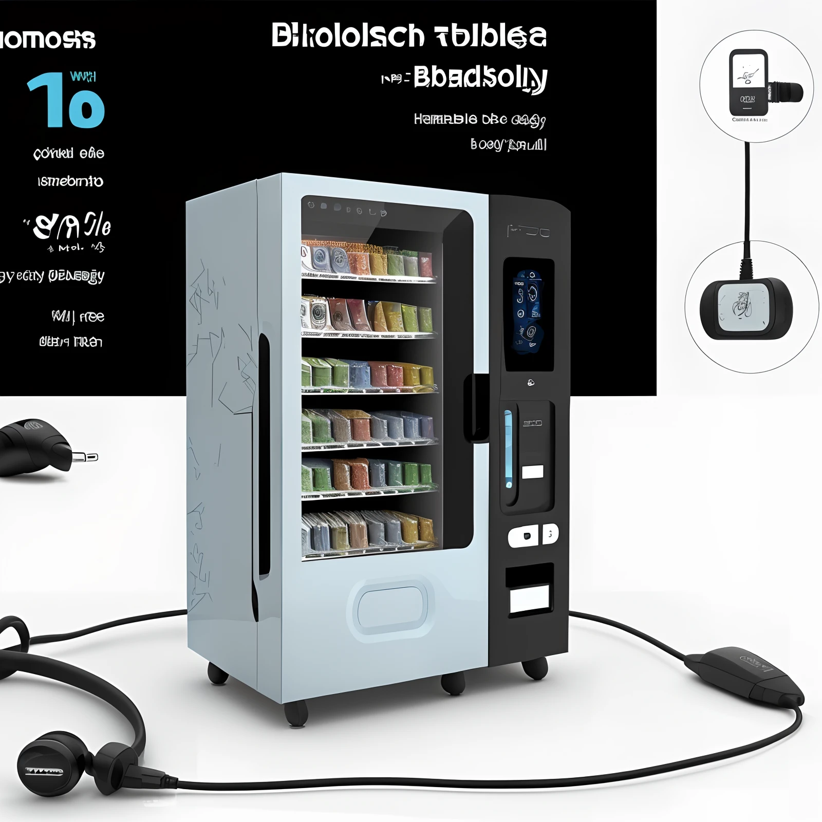 Wired headphones,charger,and other mobile phone accessory elements,or vending machines related to the sale of mobile phone supplies, accessories, etc, The panel is centered, Official product image,The upper large screen is the advertising screen,The small place that protrudes from the front is the card machine,The body is simple,Literary style design,Reasonable elements with Christmas elements appear on the body, Such as Bluetooth headsets , Other elements,Concise elements,Elements such as the sense of design can also be a little more and so on,The whole color is mainly white and dark blue,The color distribution can be 50 each%The elements are more diverse,The whole may take a little time,Can be more calm and technological little by little