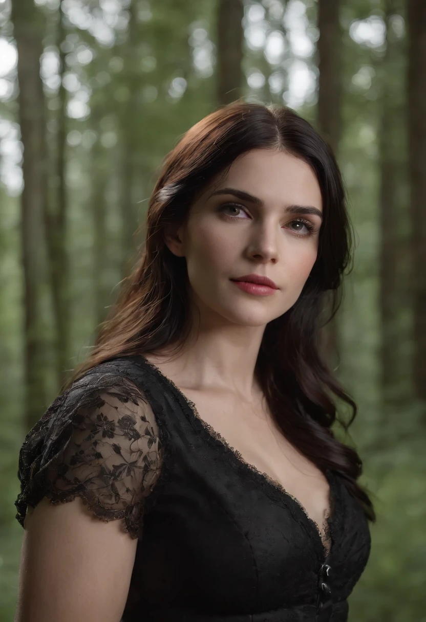 (best quality,4k,8k,highres,masterpiece:1.2),ultra-detailed,(realistic,photorealistic,photo-realistic:1.37),The Witcher: Yennefer of Vengerberg:1.3, upper body, (Black forest background:1.3), (night:1.3), backlight, Game "The Witcher 3" background, UHD wallpaper, (Paired with Canon EF 35mm F/1.4L II USM lens for versatile compositions:1.2)