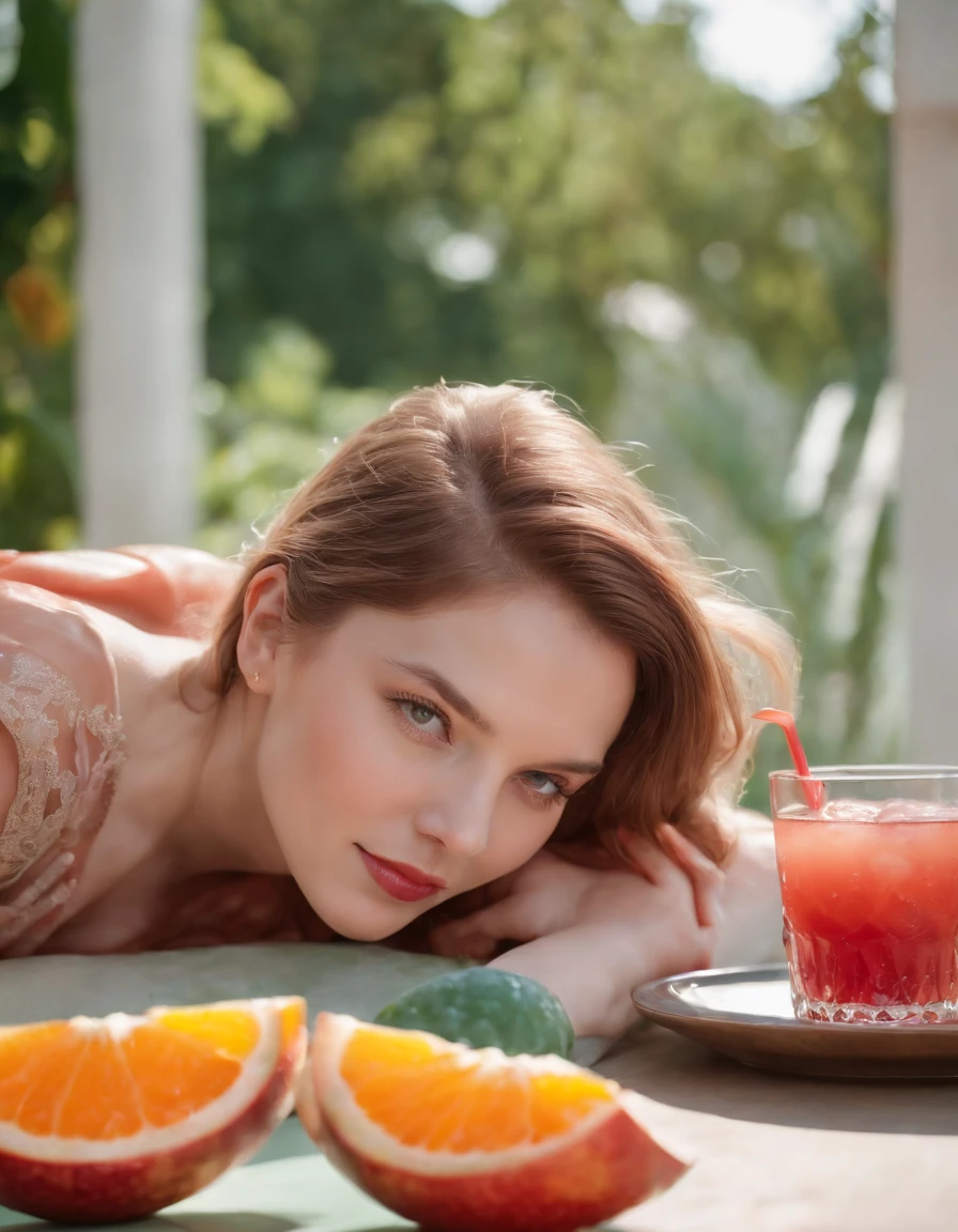 a young woman laying down in front of a table with fruit and cocktail, in the style of light red and light emerald, humorous imagery, wimmelbilder, close up,medium shot