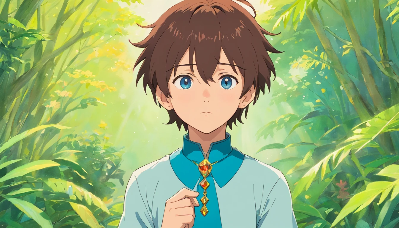 'a boy wearing an anime collar, a long necklace and earrings, in the style of tranquil gardenscapes, colorful animation stills, masami teraoka, aquamarine, paul gauguin, Embry style, honest portrayal, character design sheet, different poses, different angles'