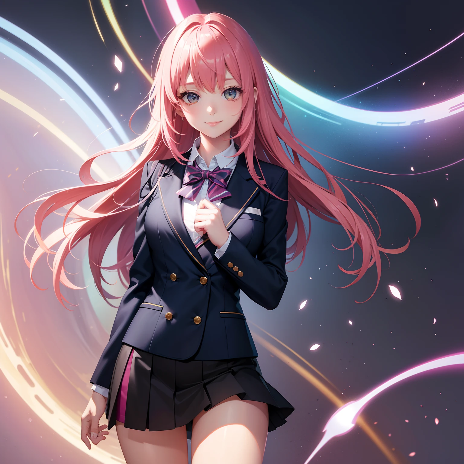 full body Esbian, masutepiece: 1.2, Highest Quality), (Live-action, elaborate details), (1 Lady, Solo, Upper body,) Clothing: Edgy, Navy Blazer, pink miniskirt, High School Uniform , Avant-garde, Experimental appearance: Long pink hair Location: School, crass room, Solo, Nice smile, spark of light, rainbows、brilliance、Value Creation in Mixed Media Art: individuality, authenticity, Creative expression