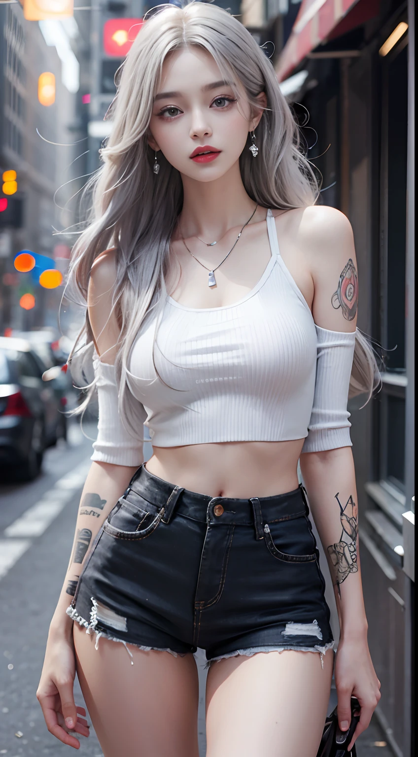 Urban beautiful girl college student, masterpiece, light makeup, red lips, silver hair, messy long hair, street background, beautiful, elegant. Ultra-fine details, master works, real texture, cinematic lighting realism, perfect work, 8k, HD, exquisite facial features, white tight open-cut top, transparent white tight shorts, slim figure, bright big eyes, smooth skin, earrings, necklace, tattoos