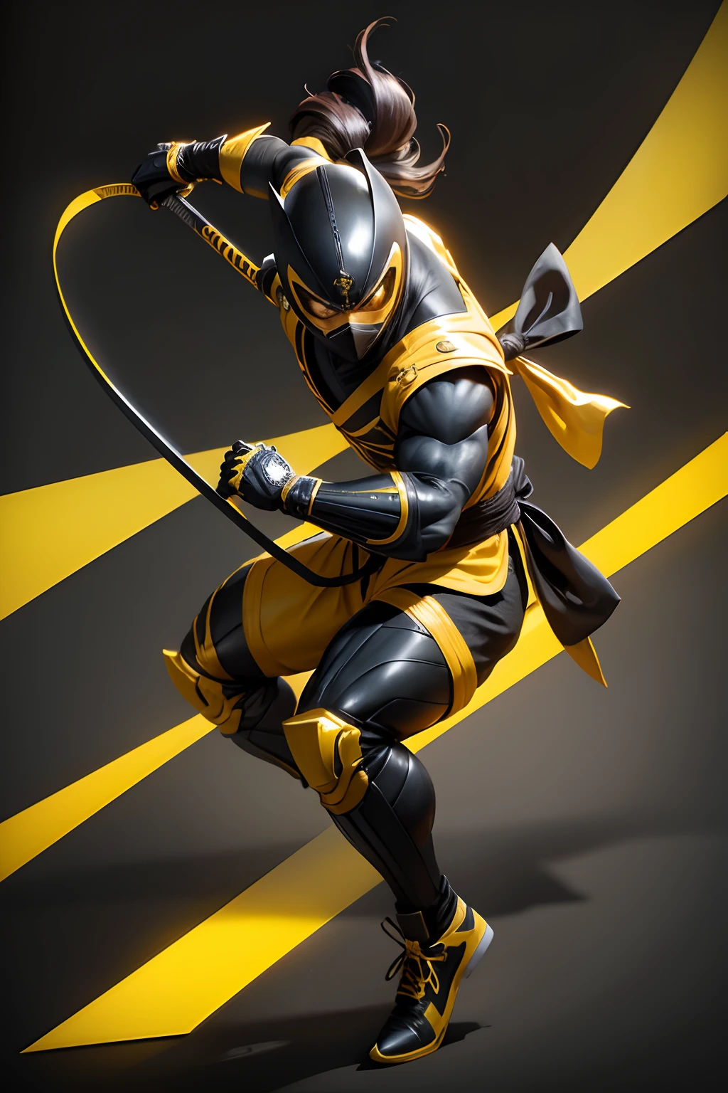create a yellow ninja power ranger, full body , black background , holding a bow , a bit samurai theme ,