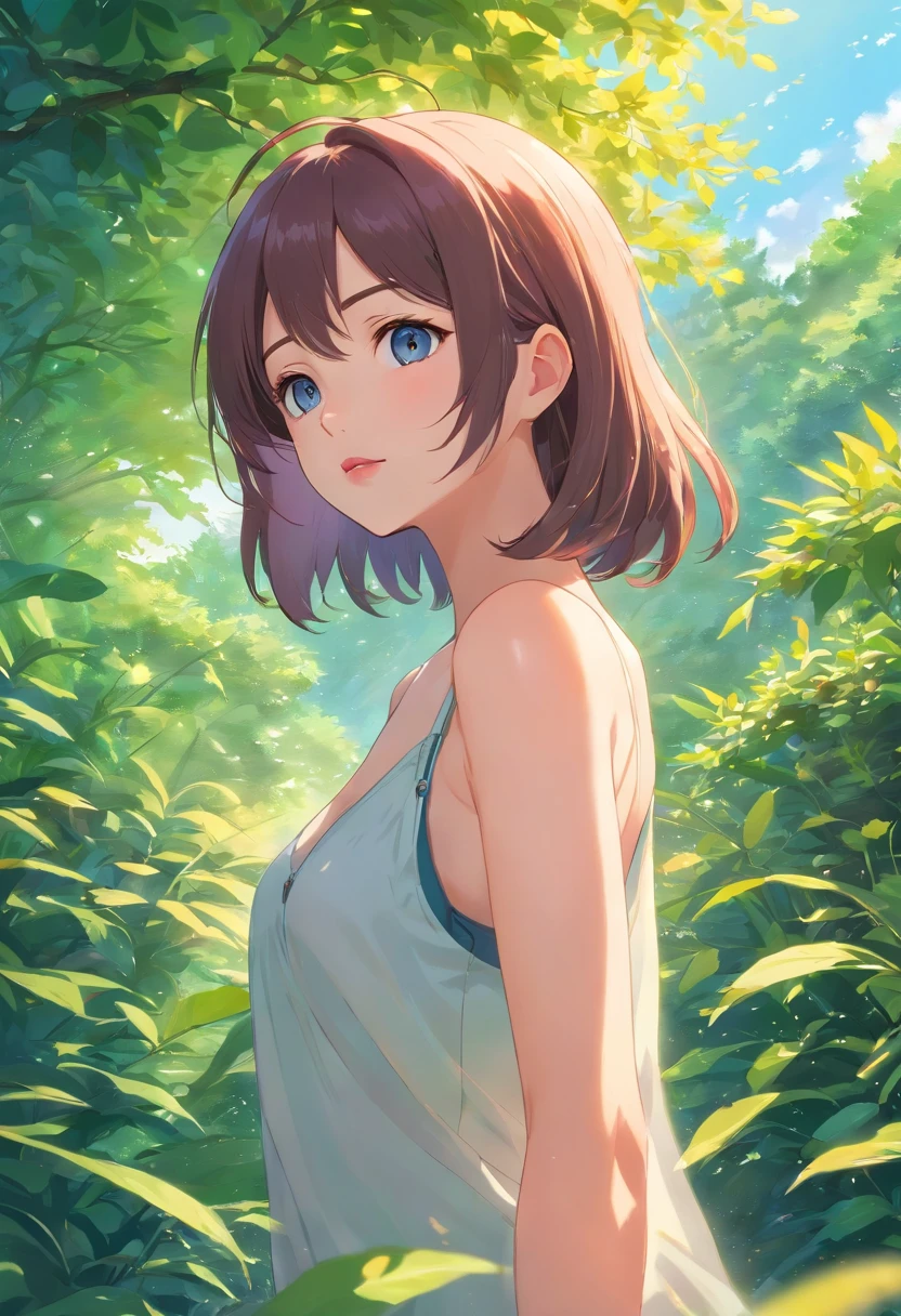 best quality,4k,8k,highres,masterpiece:1.2,ultra-detailed,realistic,sharp focus,physically-based rendering,extreme detail description,professional,vivid colors,(anime,bishoujo:1.1),portraits,fantasy,sexy,$pink,$purple,$blue,beautiful long silver hair,stunning blue eyes,rosy cheeks,full red lips,voluptuous female figure,alluring pose,attractive back,Garden of Eden,enchanted flowers,breathtaking natural scenery,sunlight filtering through leaves