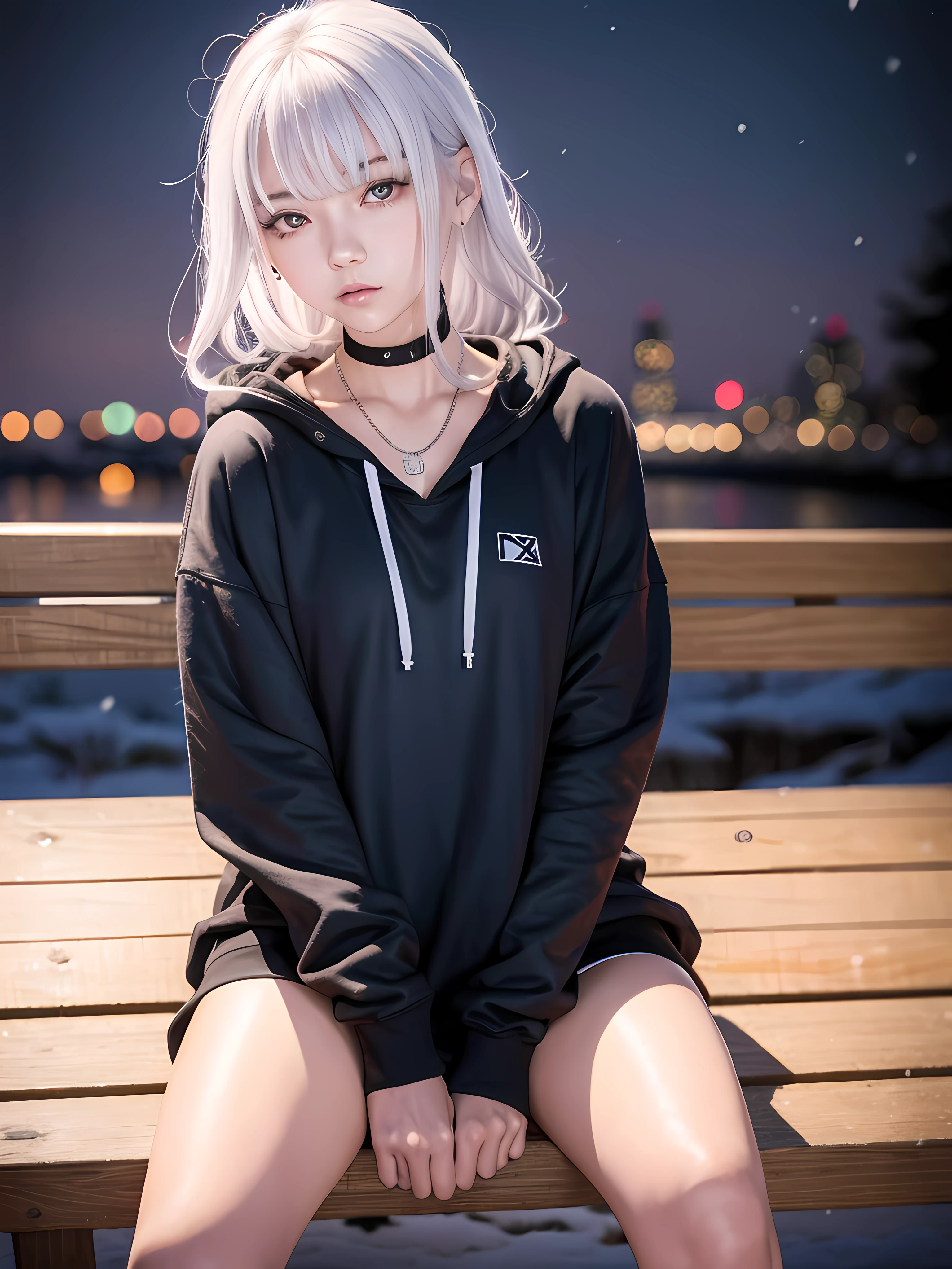 Sitting on a bench at night, snow on the ground, shy, beauty spot on chin, wearing a loose oversized hoodie, hypebeast fashion, sexy thighs, side pose, small mole on the chin, blushing, neon lights, detailed background, raining, long sleeves, neck choker with necklace, long necklace, evil look, white hair, detailed digital anime art