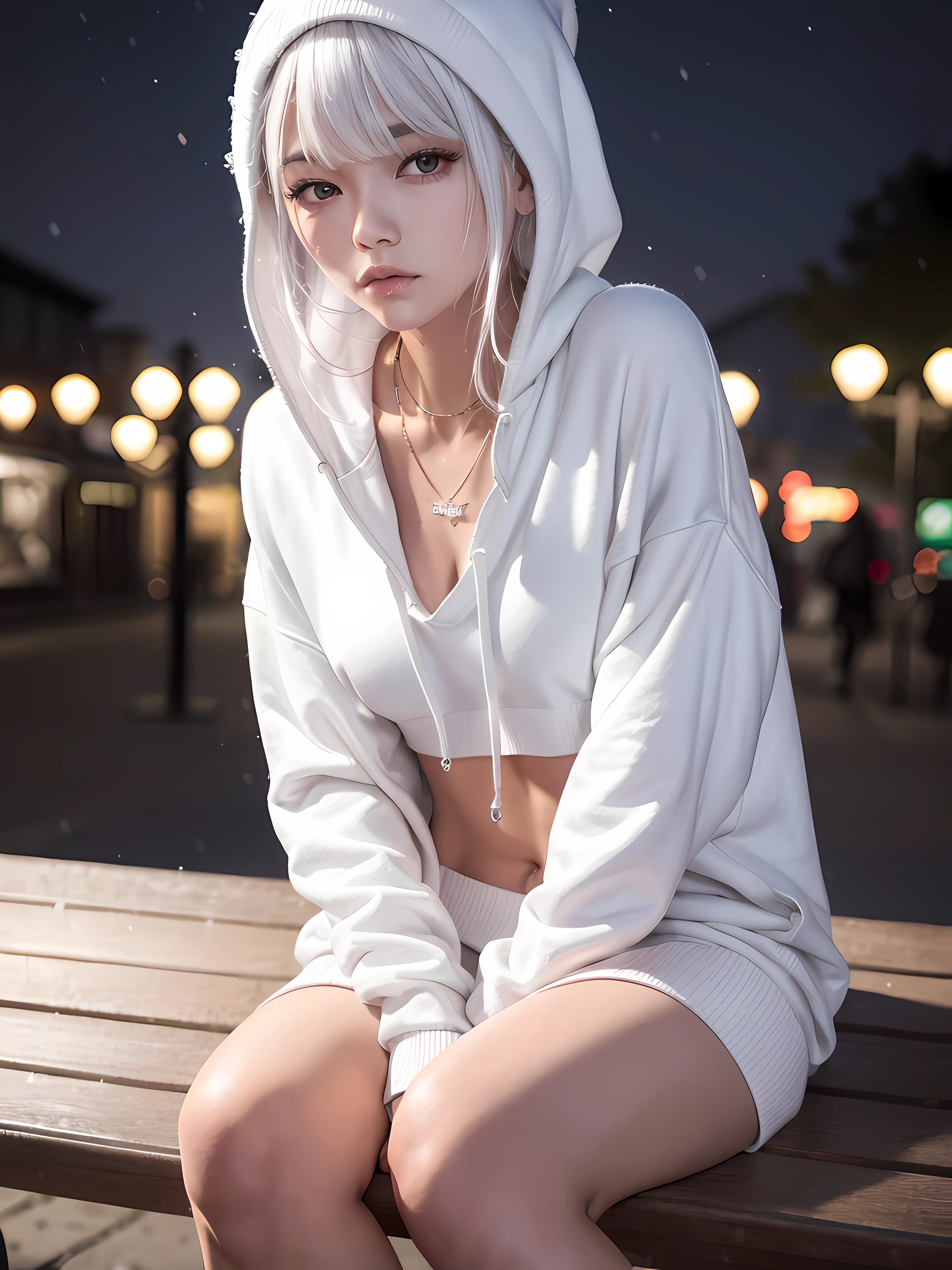 Sitting on a bench at night, snow  on the ground, shy, beauty spot on chin, wearing a loose oversized hoodie, hypebeast fashion,  sexy thighs, side pose, small mole on the chin, blushing, neon lights, detailed background, raining, long sleeves, neck choker with necklace, long necklace, evil look, white hair, detailed digital anime art