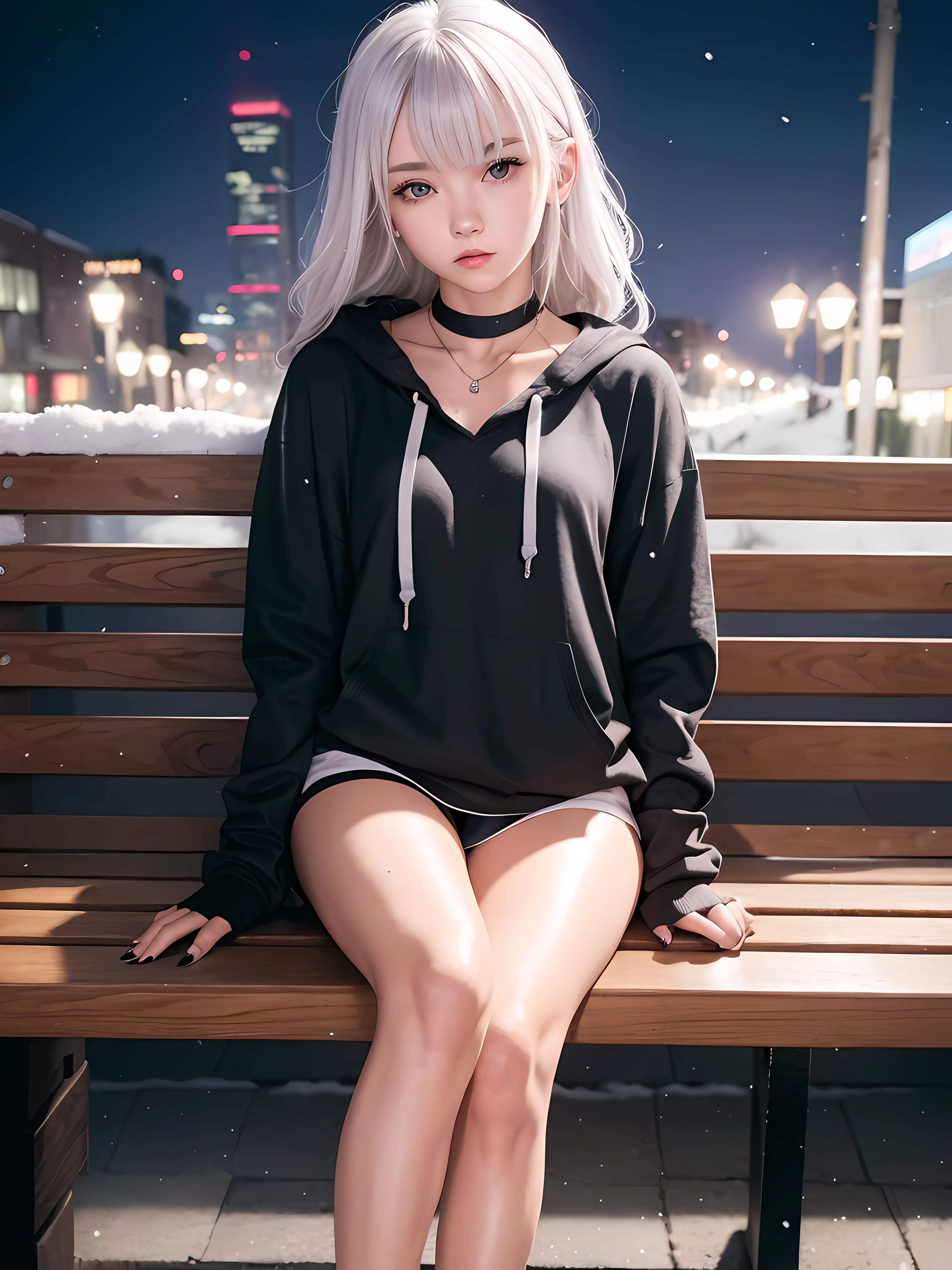 Sitting on a bench at night, snow  on the ground, shy, beauty spot on chin, wearing a loose oversized hoodie, hypebeast fashion,  sexy thighs, side pose, small mole on the chin, blushing, neon lights, detailed background, raining, long sleeves, neck choker with necklace, long necklace, evil look, white hair, detailed digital anime art