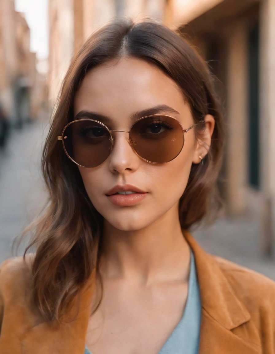 a young lady in sunglasses on a side street, in the style of y2k aesthetic, light sky-blue and light amber, eye-catching resin jewelry, extreme close up, bold gestures, muted earth tones, chicano-inspired