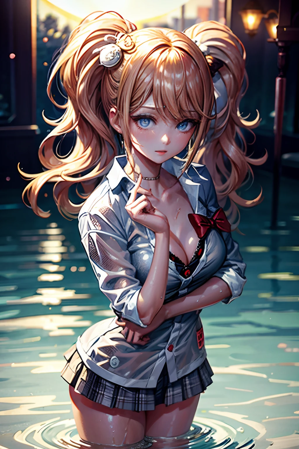 1girll, Open breasts, Large breasts,Raised his hand,独奏,soggy, Wet sheer shirt,pantiess ,wading, Eau, moon full, Sateen,brunette color hair,standing on your feet, wetclothes, By bangs, Reflectors, short detailed hair, Wet hair (((tmasterpiece),(Very detailed CG unity 8K wallpaper),best qualtiy,,独奏,1girll,cinmatic lighting,beatiful detailed eyes,Bright pupils,(Very fine and beautiful),(Beautiful and detailed eye description),ultra - detailed,tmasterpiece,)),Mikasa,Chest facing forward,face to the viewer,